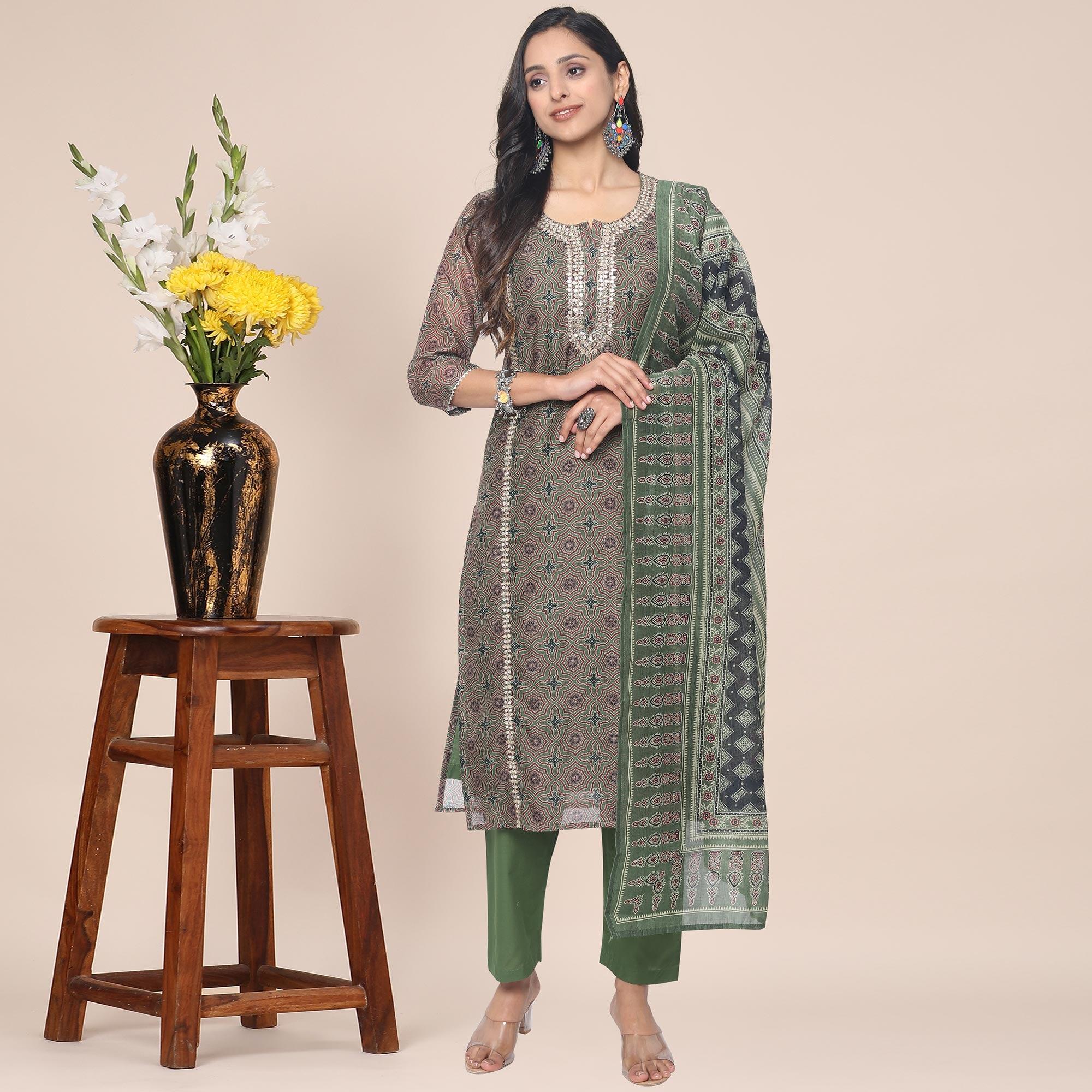 Peachmode Brown Partywear Printed With Gotta Patti cotton Kurti Pant Set With Dupatta