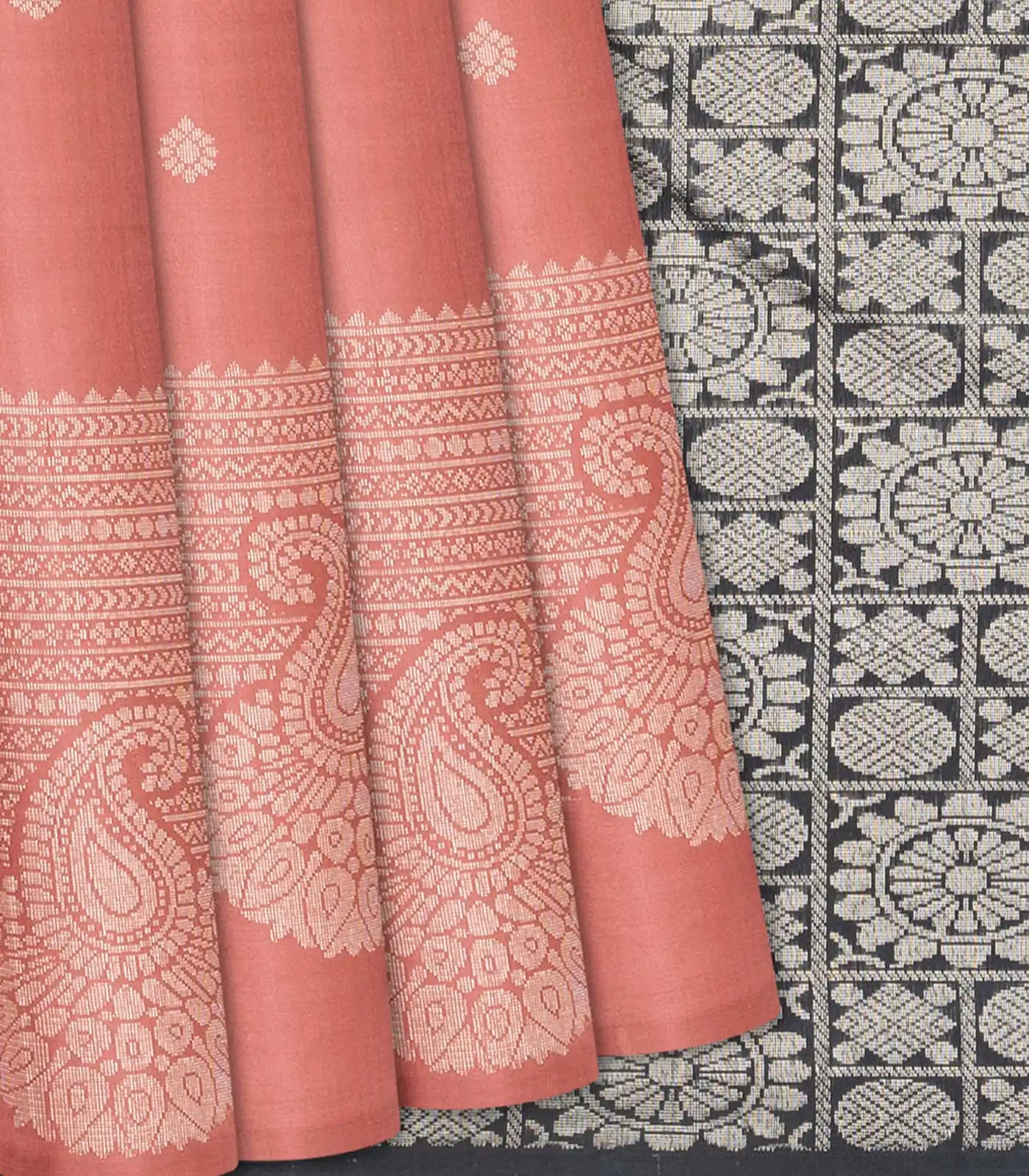 RmKV Peach Handloom Soft Silk Saree With Floral Buttas-Peach