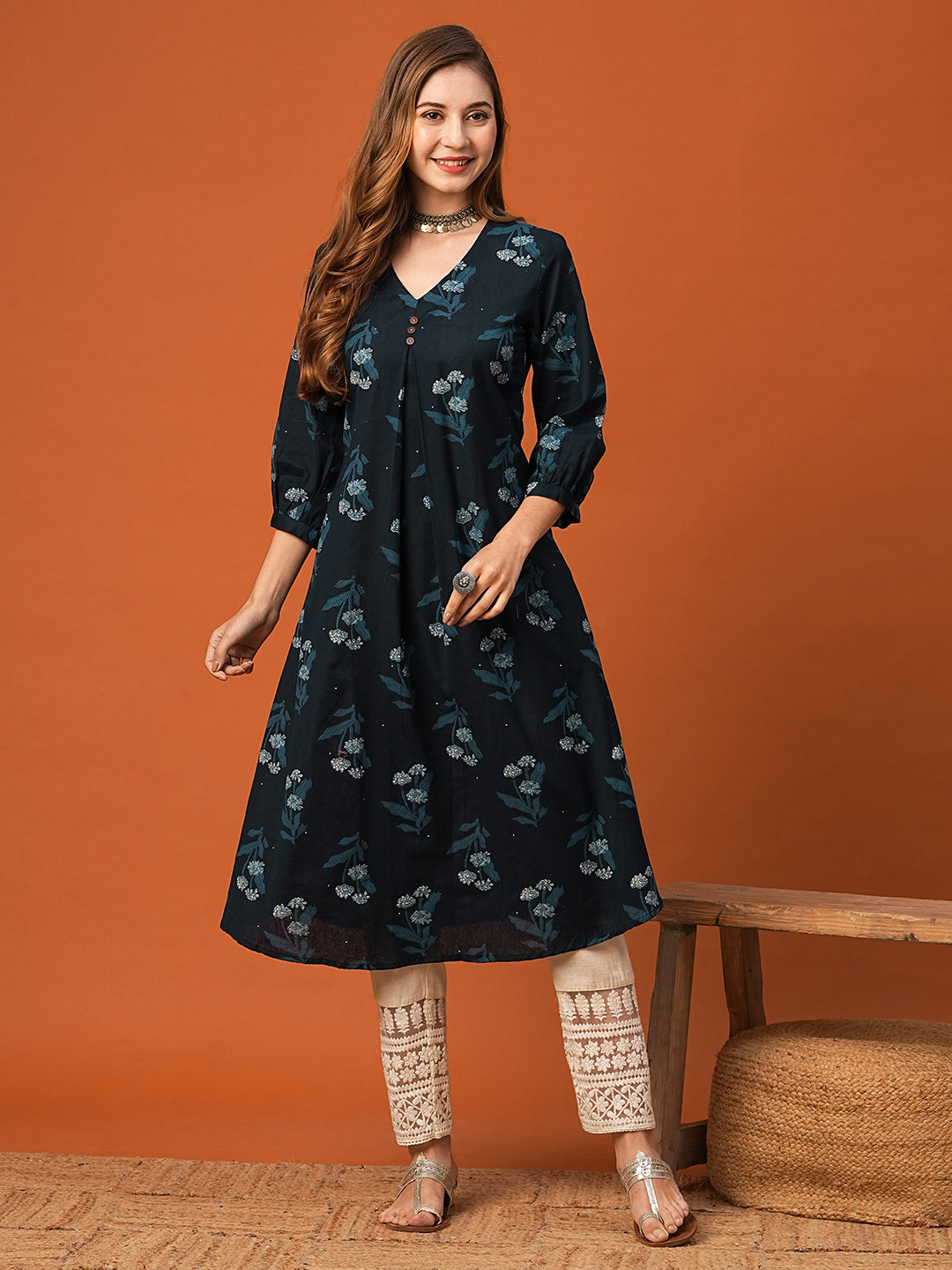 Fashor Floral Printed Wooden Buttoned Pleated Kurta - Blue