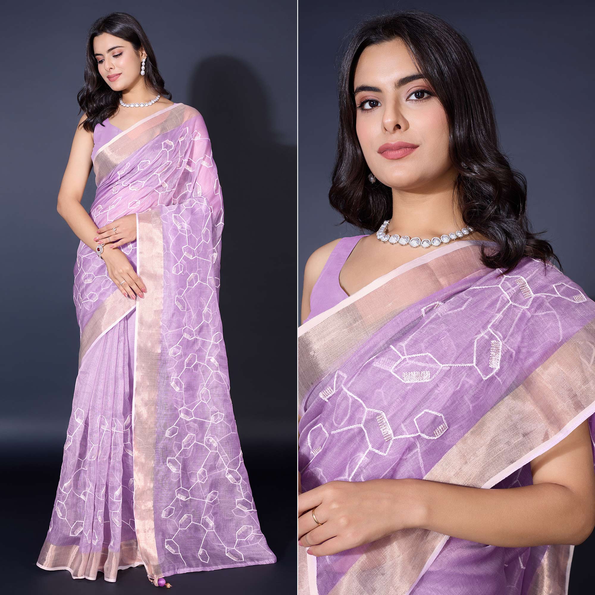 Peachmode Lavender Sequins Embroidered Cotton Silk Saree