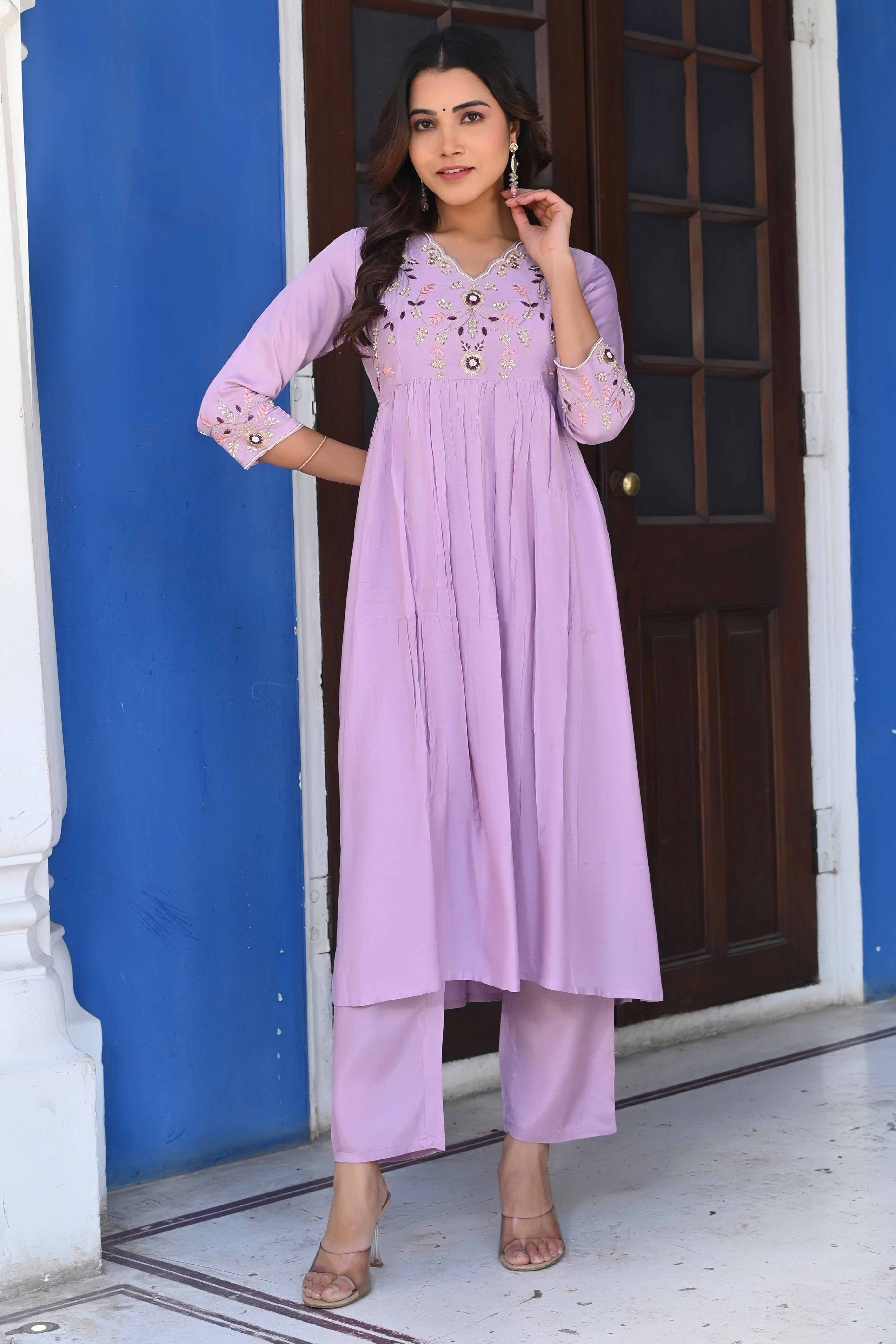 Peachmode Lavender Floral Embroidered Muslin Anarkali Salwar Suit - view 5
