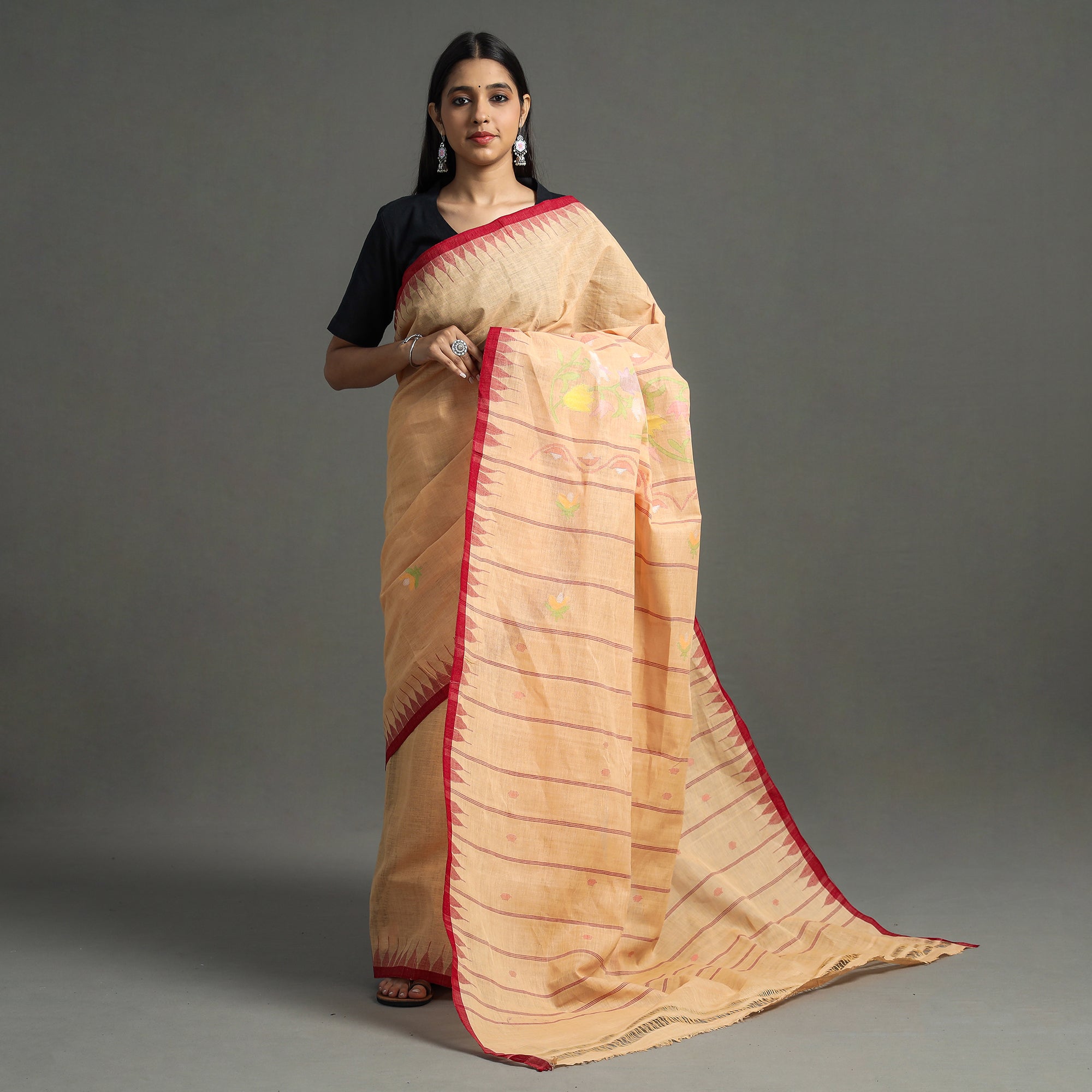 ITOKRI CRAFTS INITIATIVE Peach - Traditional Moirangphee Manipuri Pure Handloom Cotton Saree