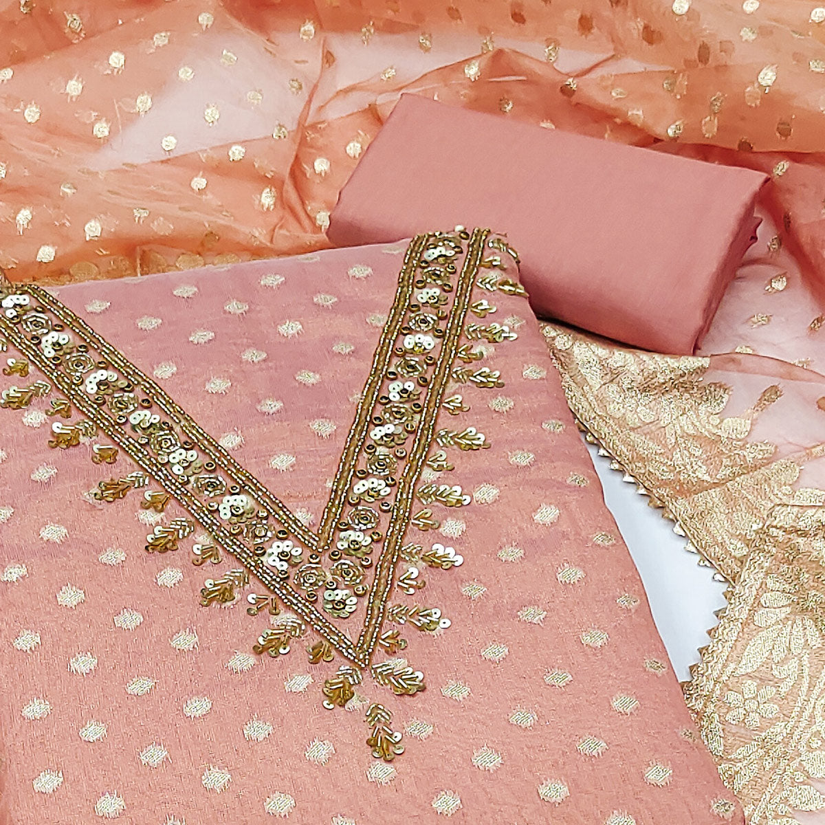 Peachmode Peach Woven With Sequins Embroidered Chanderi Silk Dress Material - view 2