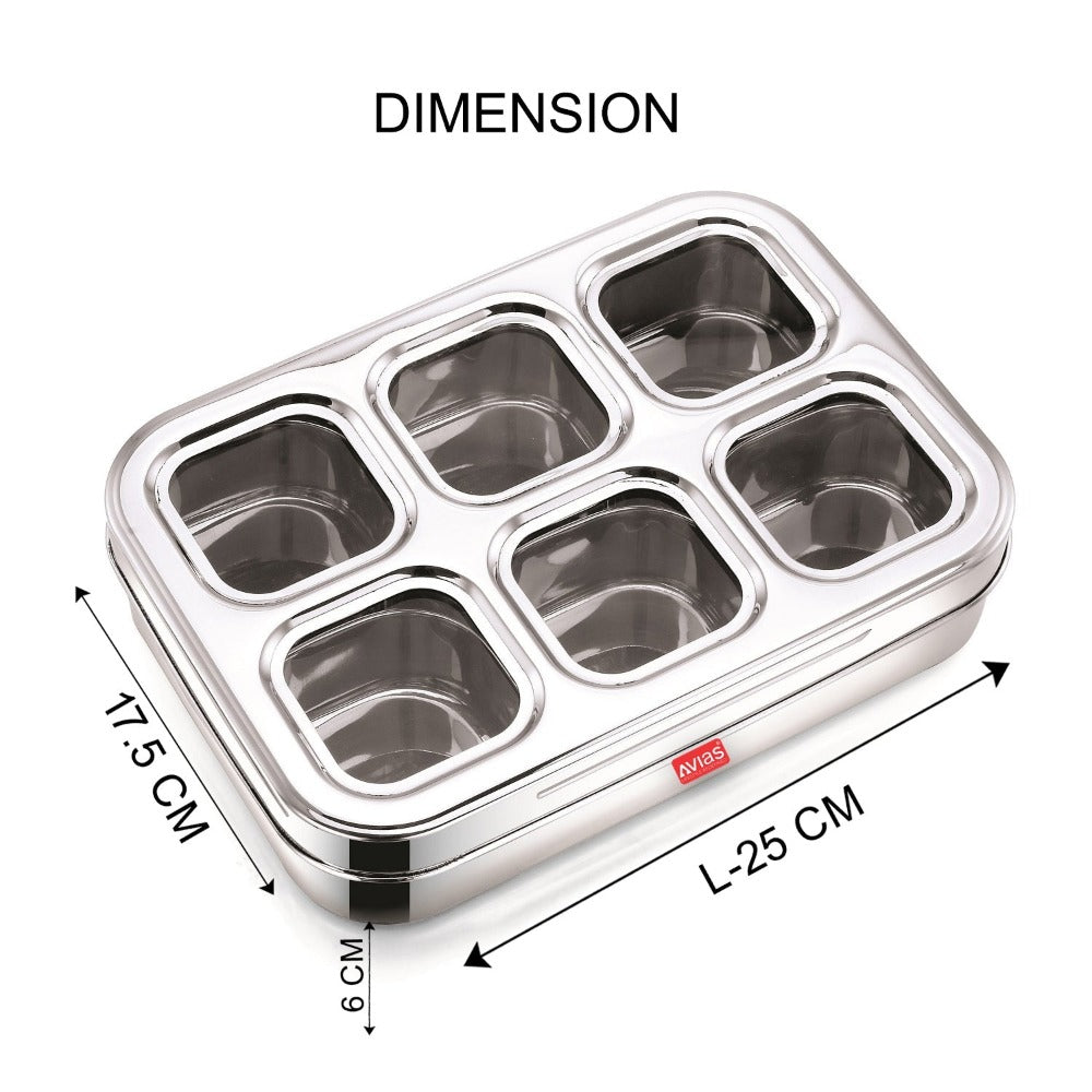 AVIAS Stainless Steel Dry Fruit Cum Spice Box Square Compartments with See-Through Lid | 6 Compartments and 1 Spoon | Silver & Blue - view 4