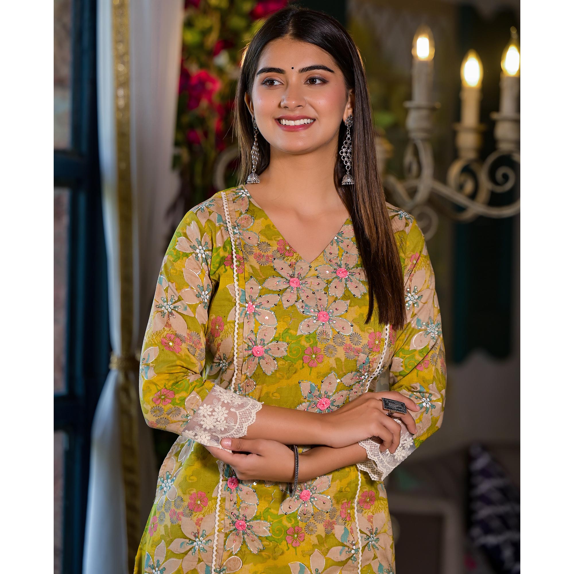 Peachmode Dark Lemon Green Floral Printed Giza Cotton Maxi Dress - view 8