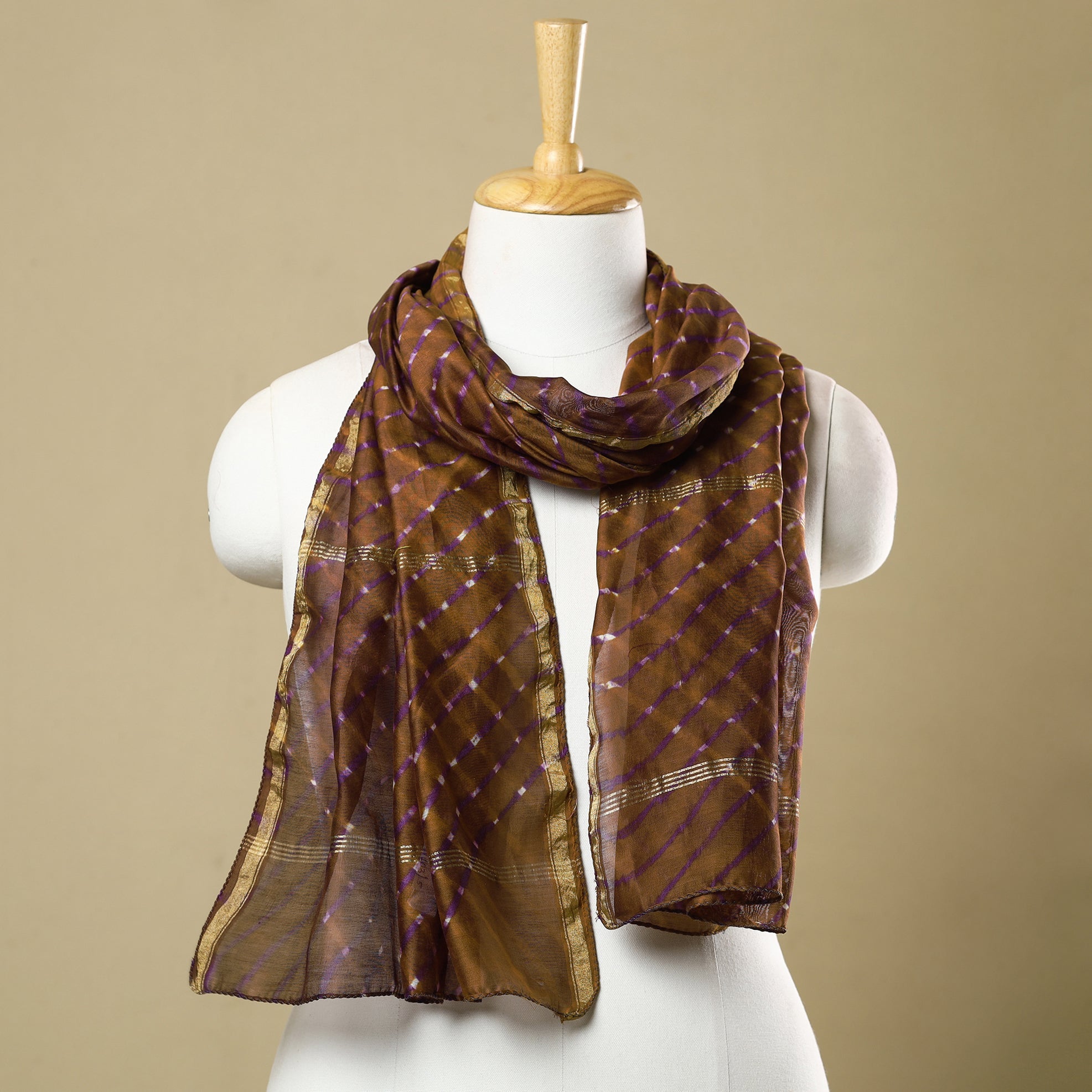 LEHARIYA BY BADSHAH MIYAN Brown - Leheriya Tie-Dye Mothra Chanderi Silk Handloom Stole with Zari Border 16
