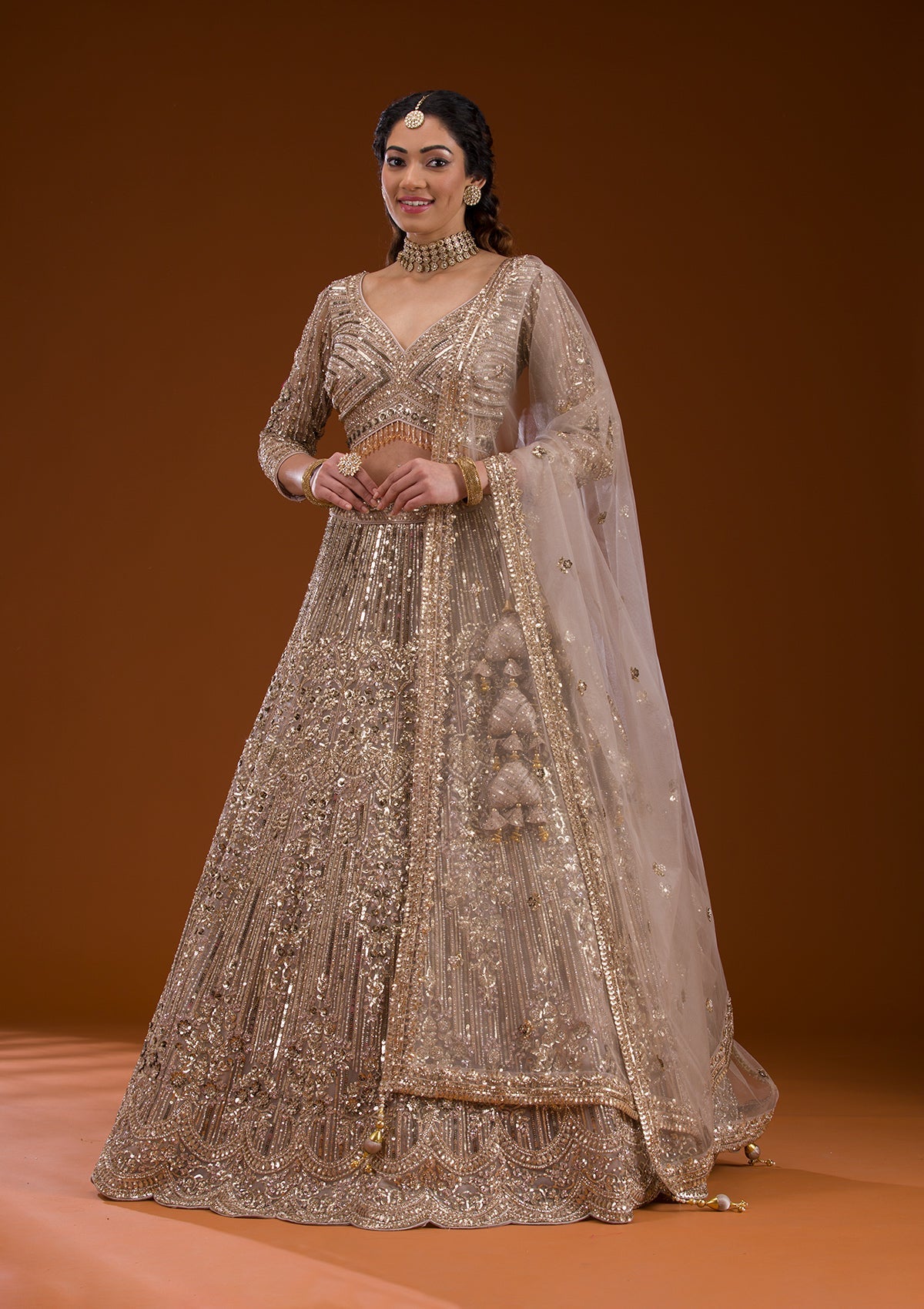 Koskii Beige Sequins Net Readymade Lehenga – Women's