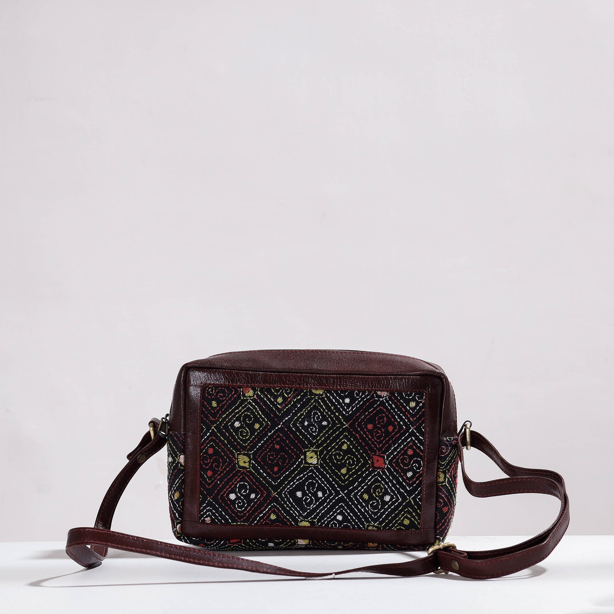 Cotton leather sling – ASALKAAR Brown - Handcrafted Kantha Embroidery Cotton & Leather Sling Bag