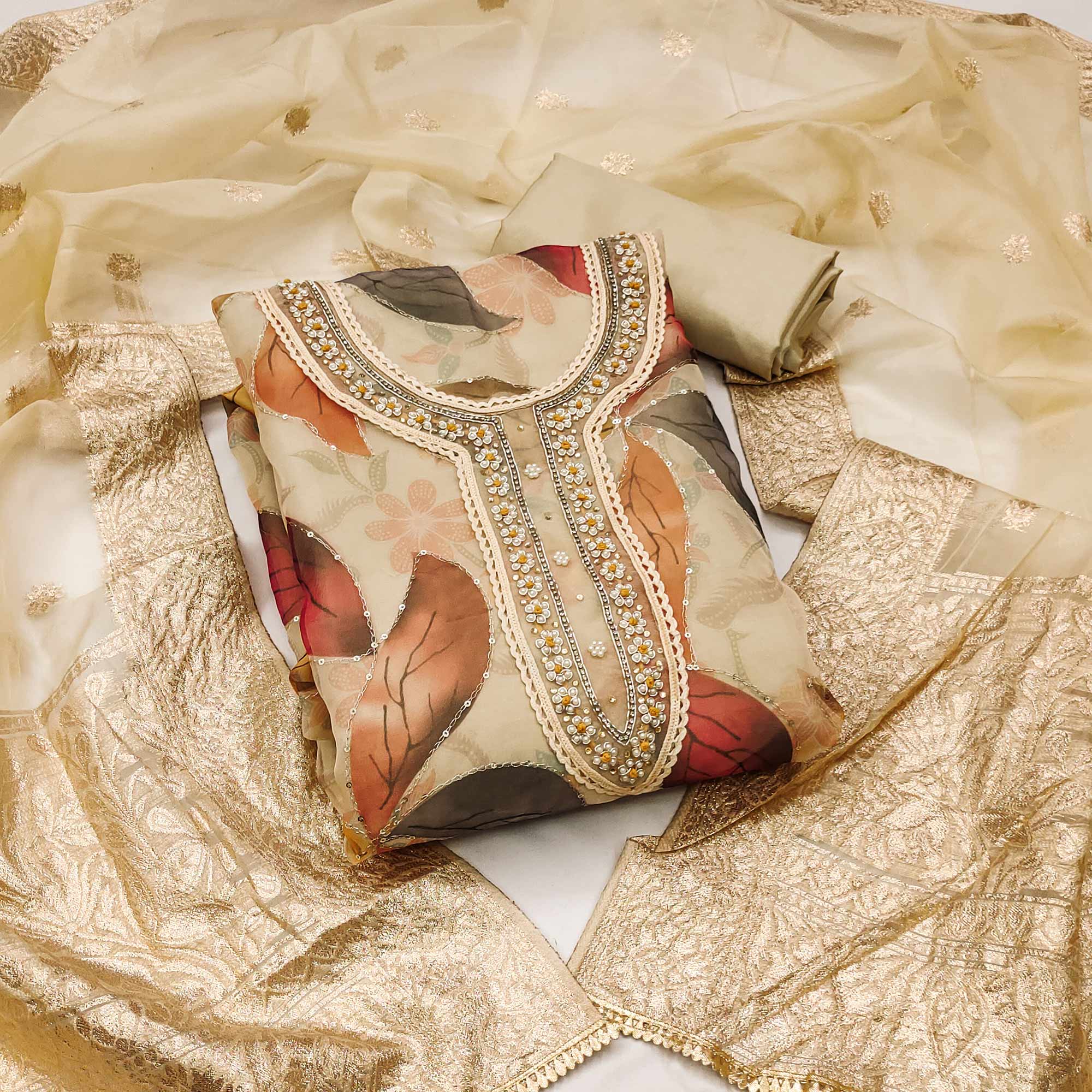 Peachmode Chikoo Digital Printed With Handwork Organza Dress Material