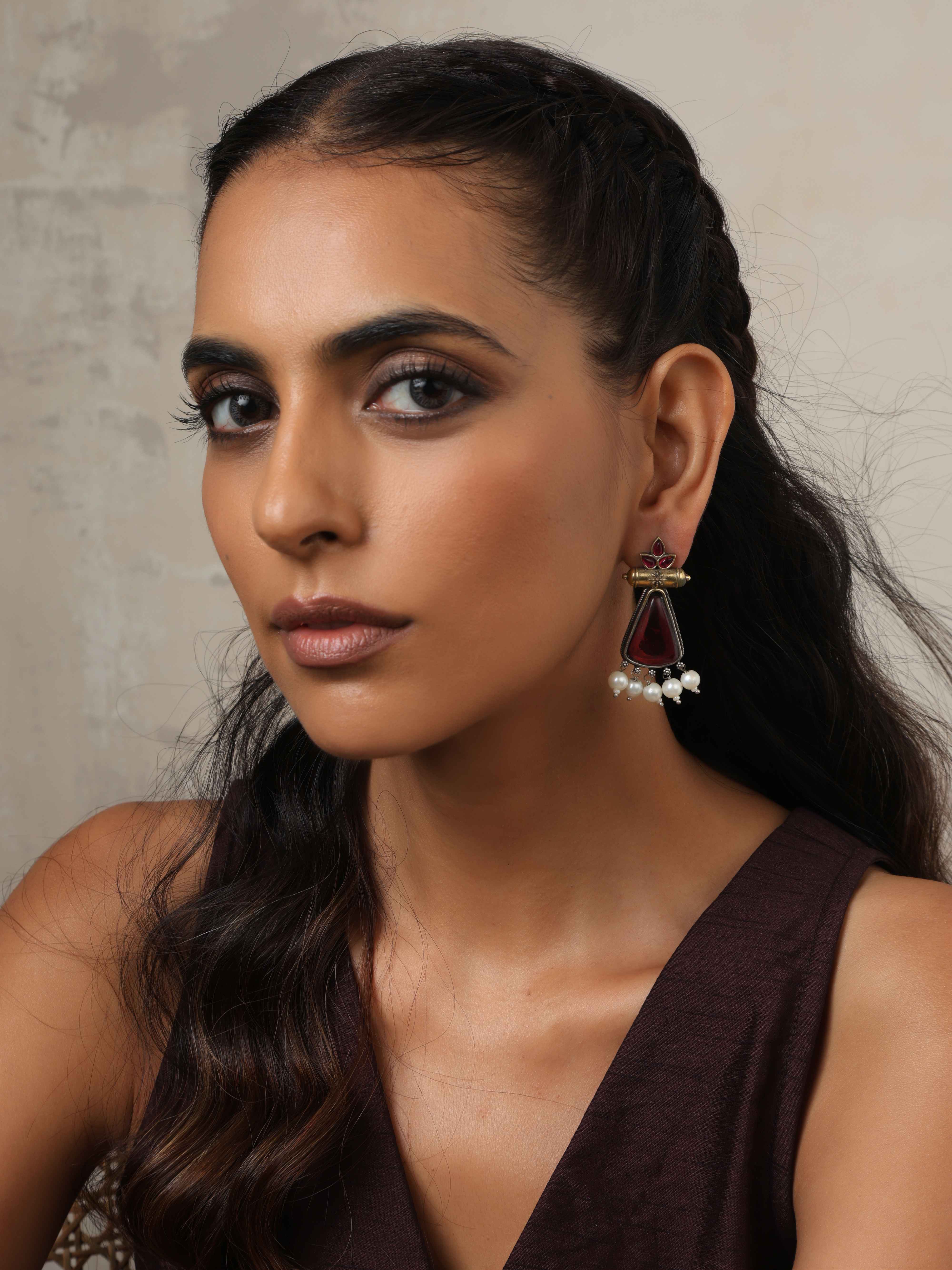 trueBrowns Silver Gold Tone Petal Dangle Earrings - view 2