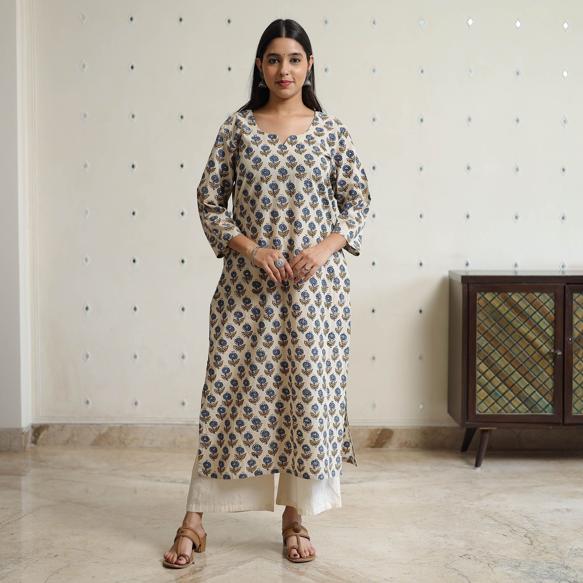ITOKRI CASUALS Beige - Ajrakh Block Printed Cotton Long Straight Kurta 45 - view 7