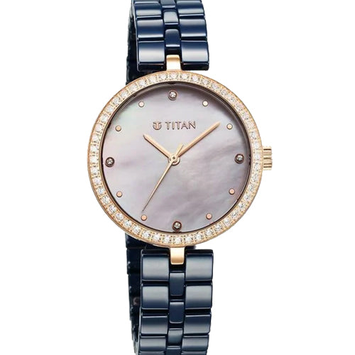 Titan Purple Ceramics Quartz Analog Mother of Pearl Dial Blue Ceramic Strap Watch For Women 34mm 95215KC03 - view 2
