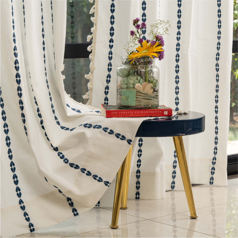 Premium 100 cotton – Urban Space -Home Furnishing Store Premium 100% Cotton Embroidery Curtain for Window & Door - Pack of 1 Curtain, Vintage Braid Indigo
