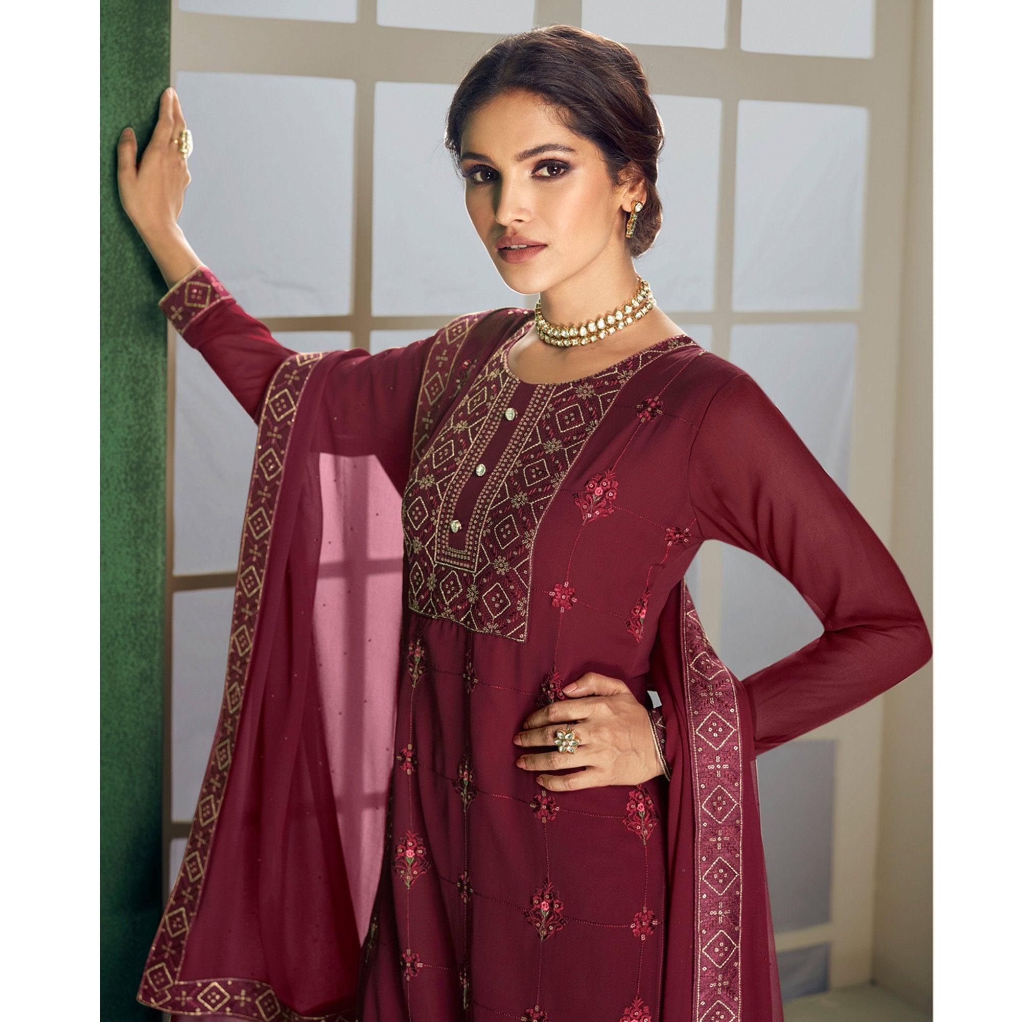 Peachmode Maroon Floral Sequins Embroidered Georgette Partywear Suit - view 2