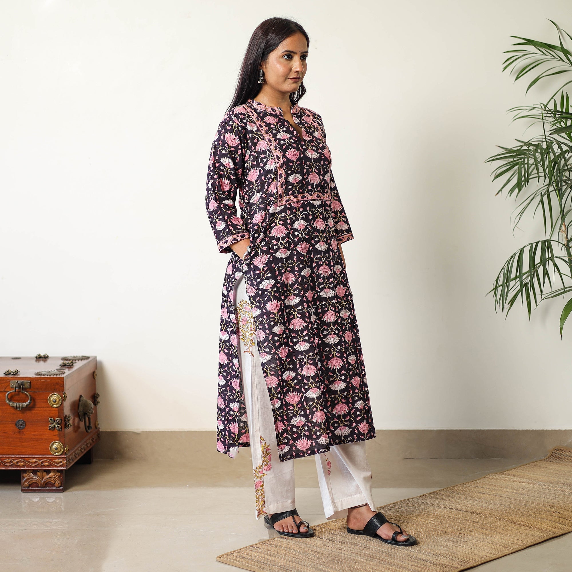 ITOKRI CASUALS Black - Sanganeri Block Printed Cotton Kurta with Palazzo & Dupatta Set 16 - view 3
