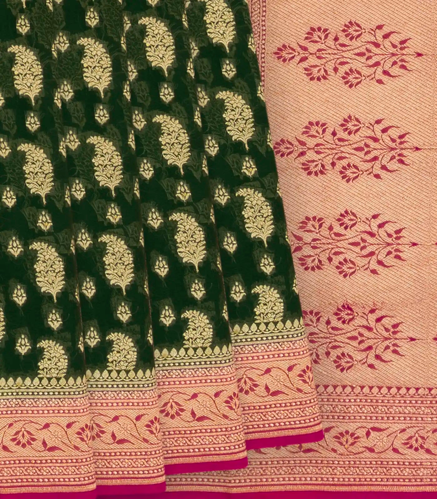 RmKV Bottle Green Banarasi Khaddi Georgette Saree With Mango Motifs-Bottle Green