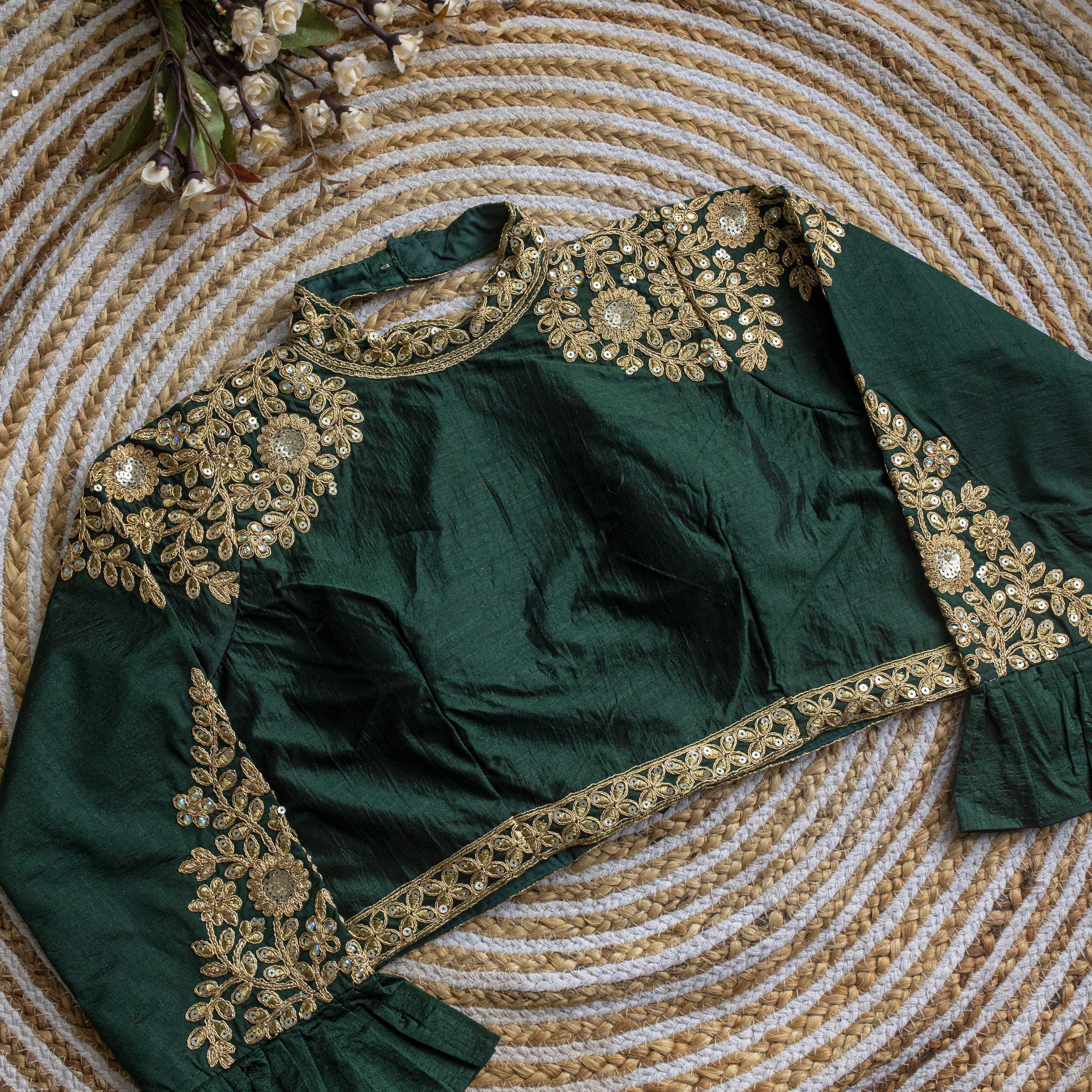 ClothsVilla Dark Green Golden Sequence Embroidered Blouse in glossy silk