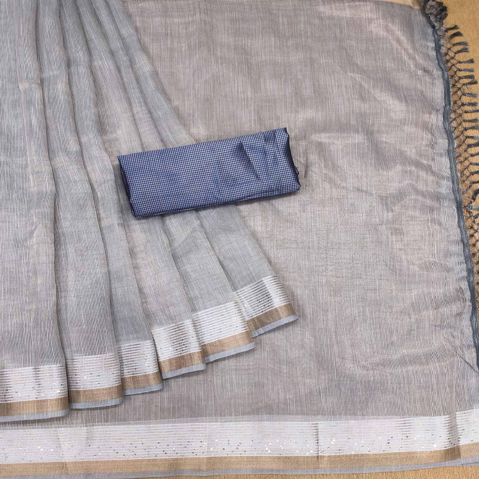 Grey sarees – BlackTree grey-casual-wear-embroidered-cotton-saree-with-tassels-140628