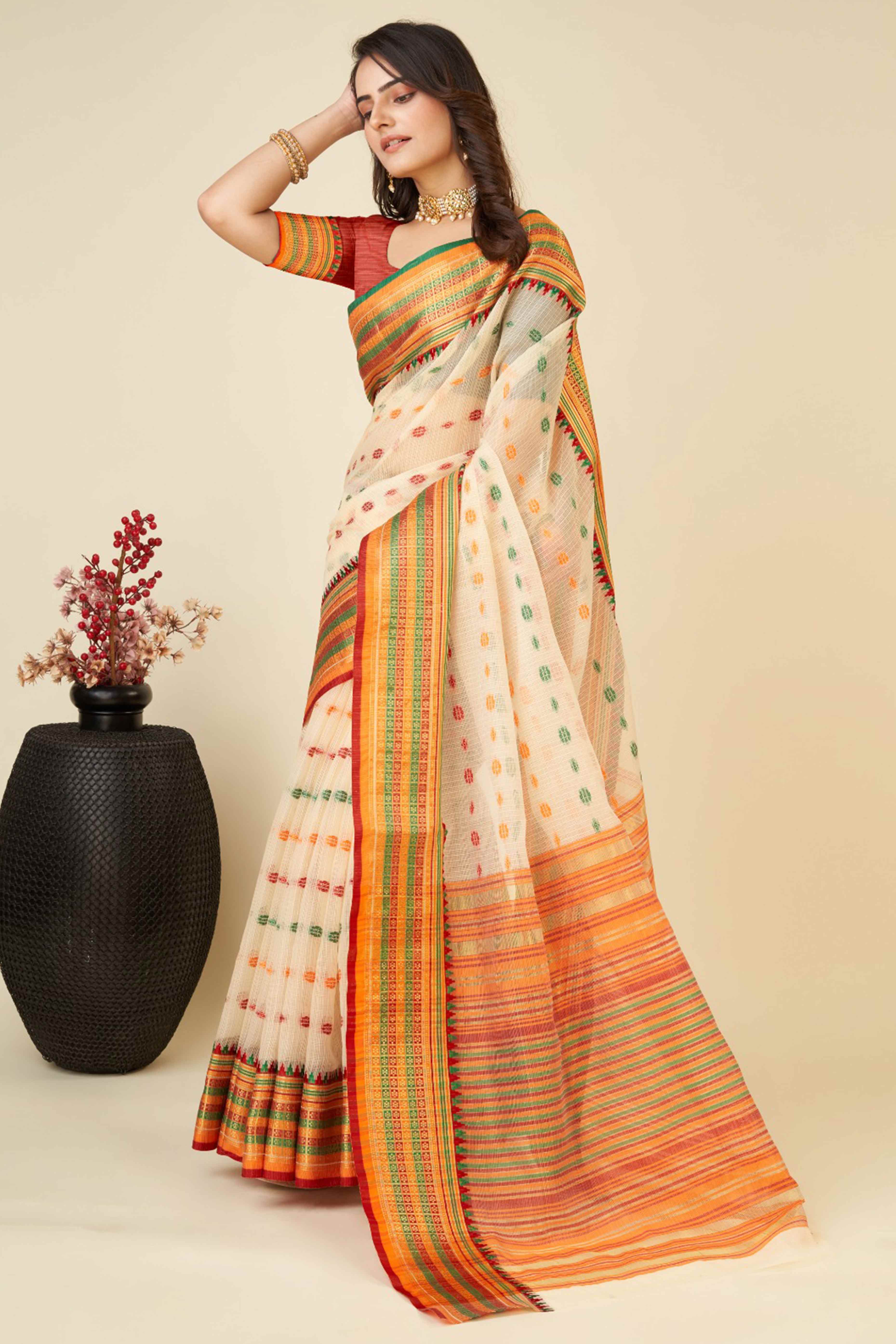 Peachmode Cream Zari Weaving Cotton Silk Saree