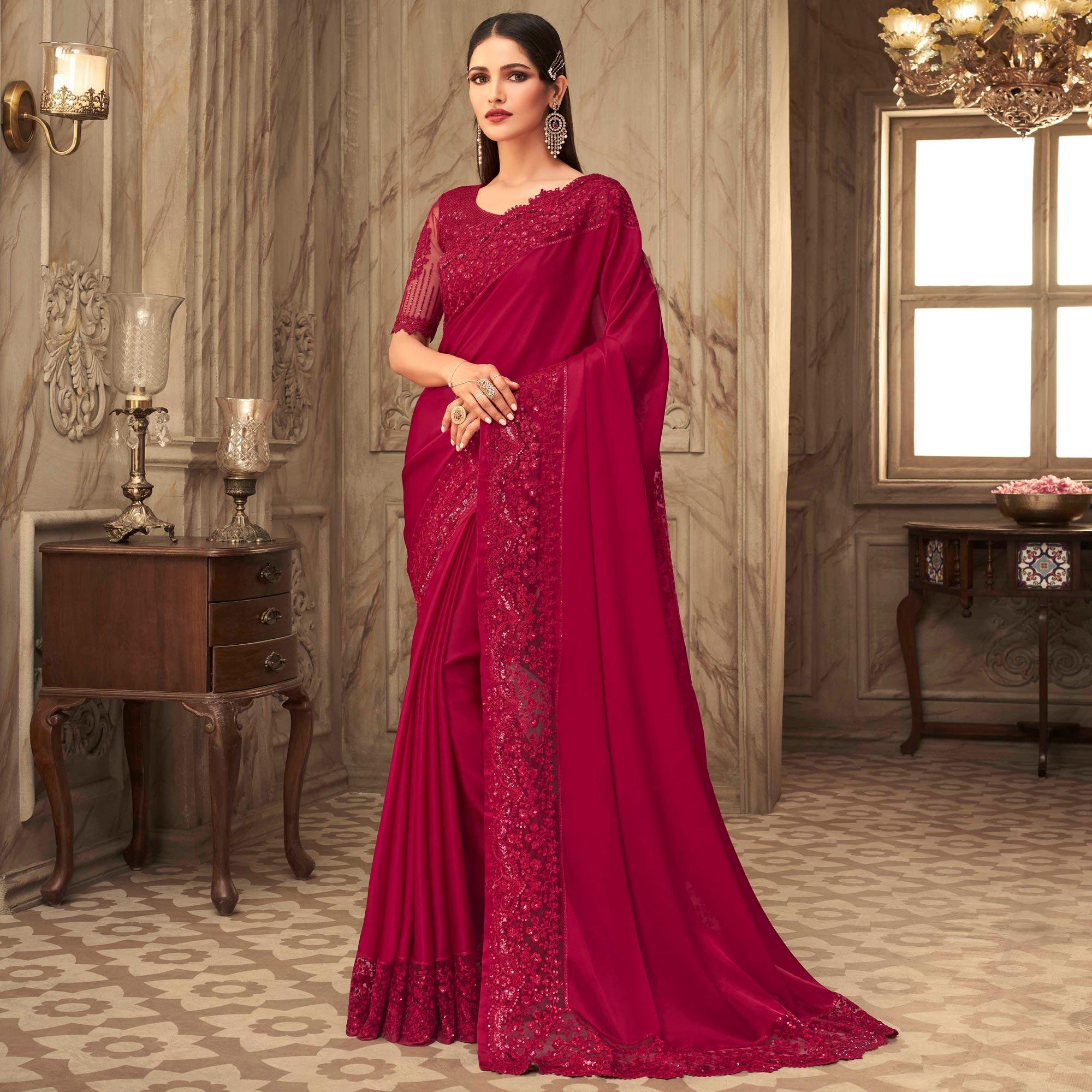 Peachmode Maroon Partywear Sequins Embroidered Silk Saree - view 3