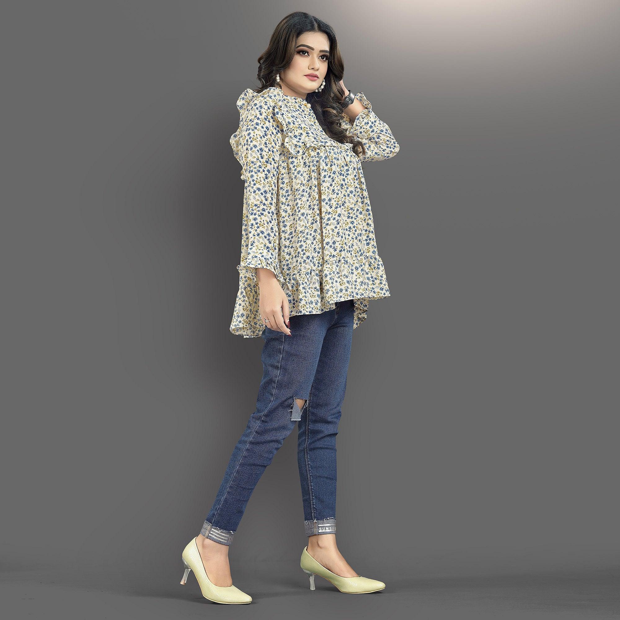 Peachmode Cream-Blue Casual Wear Floral Printed Lycra Top