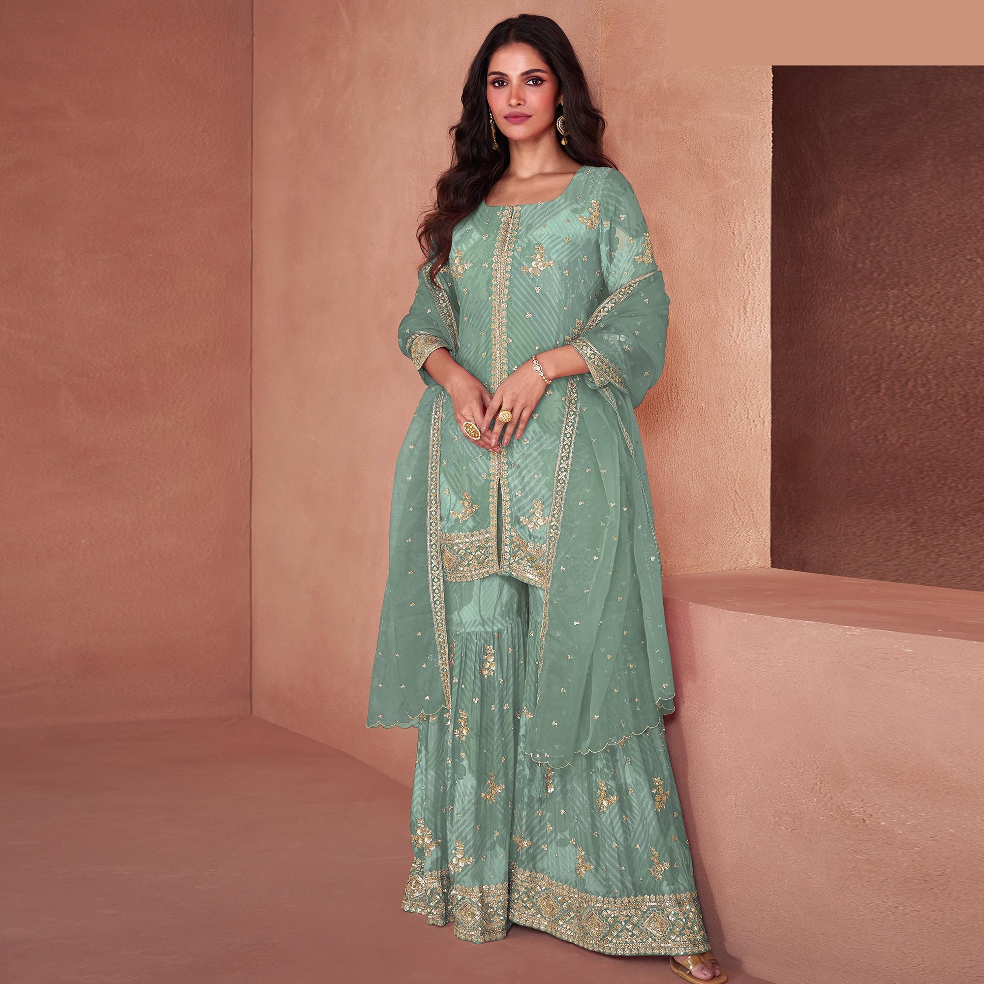 Peachmode Seller Dusty Green Sequins Embroidered Georgette Sharara Suit