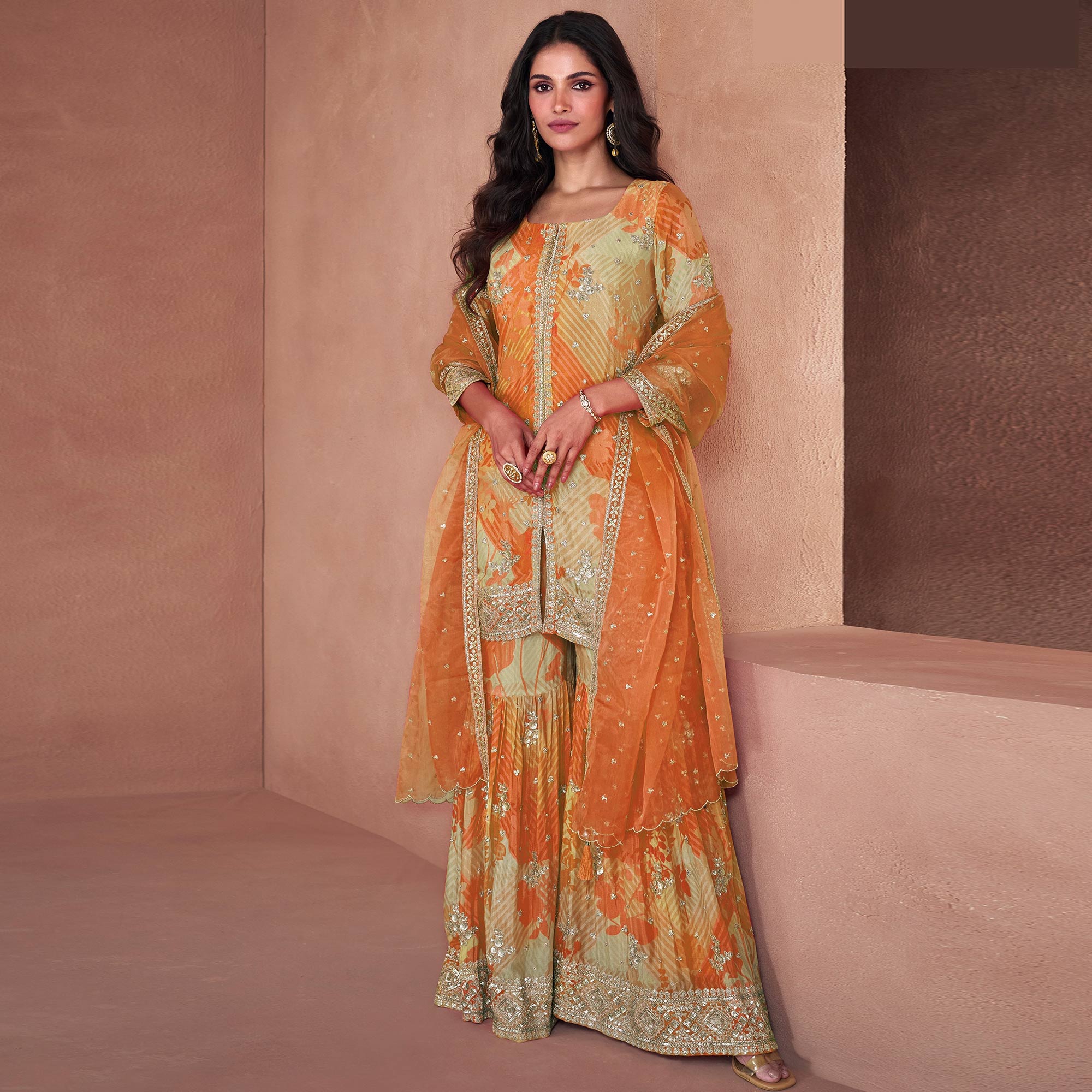 Peachmode Orange Sequins Embroidered Georgette Sharara Suit
