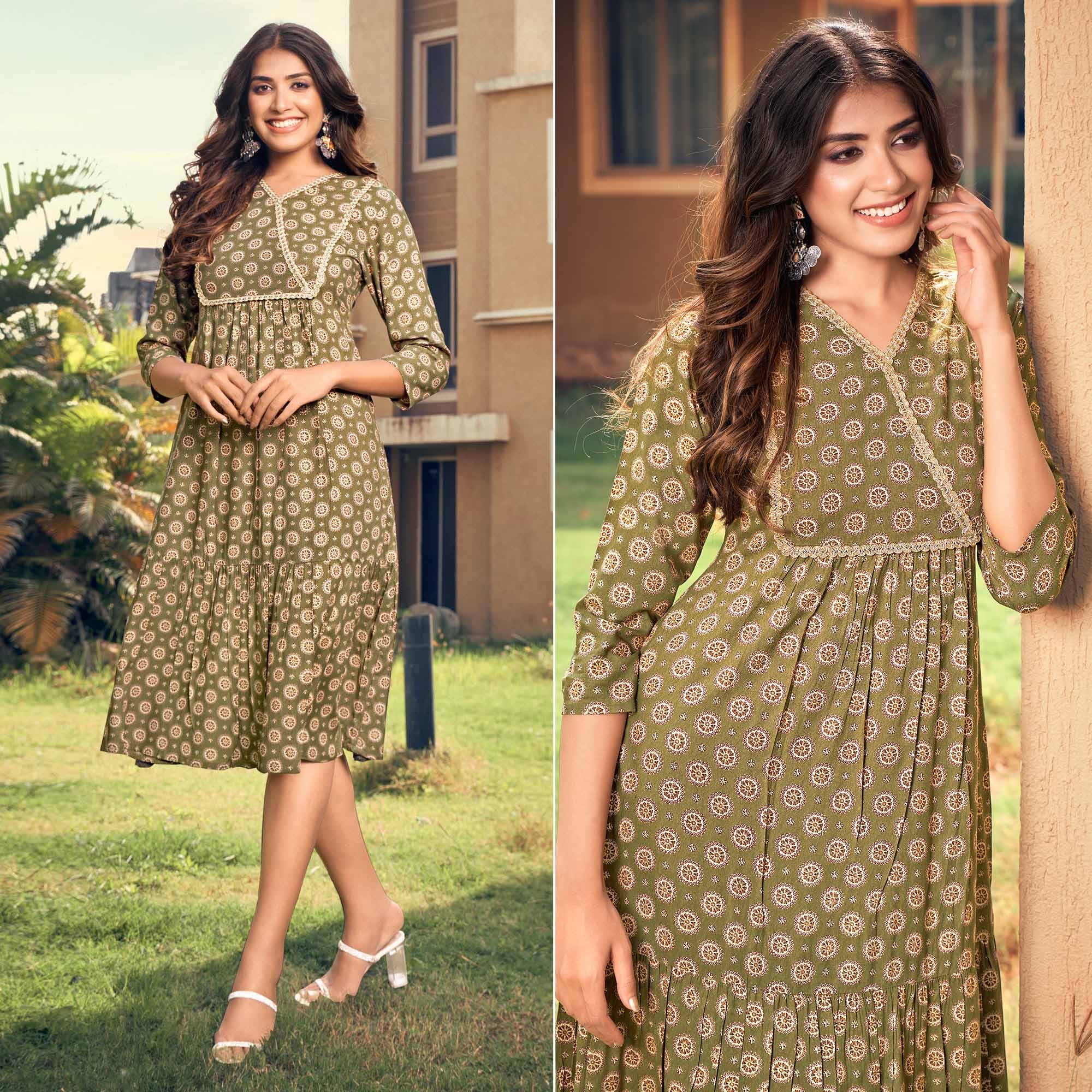 Green dresses – BlackTree green-floral-printed-rayon-dress