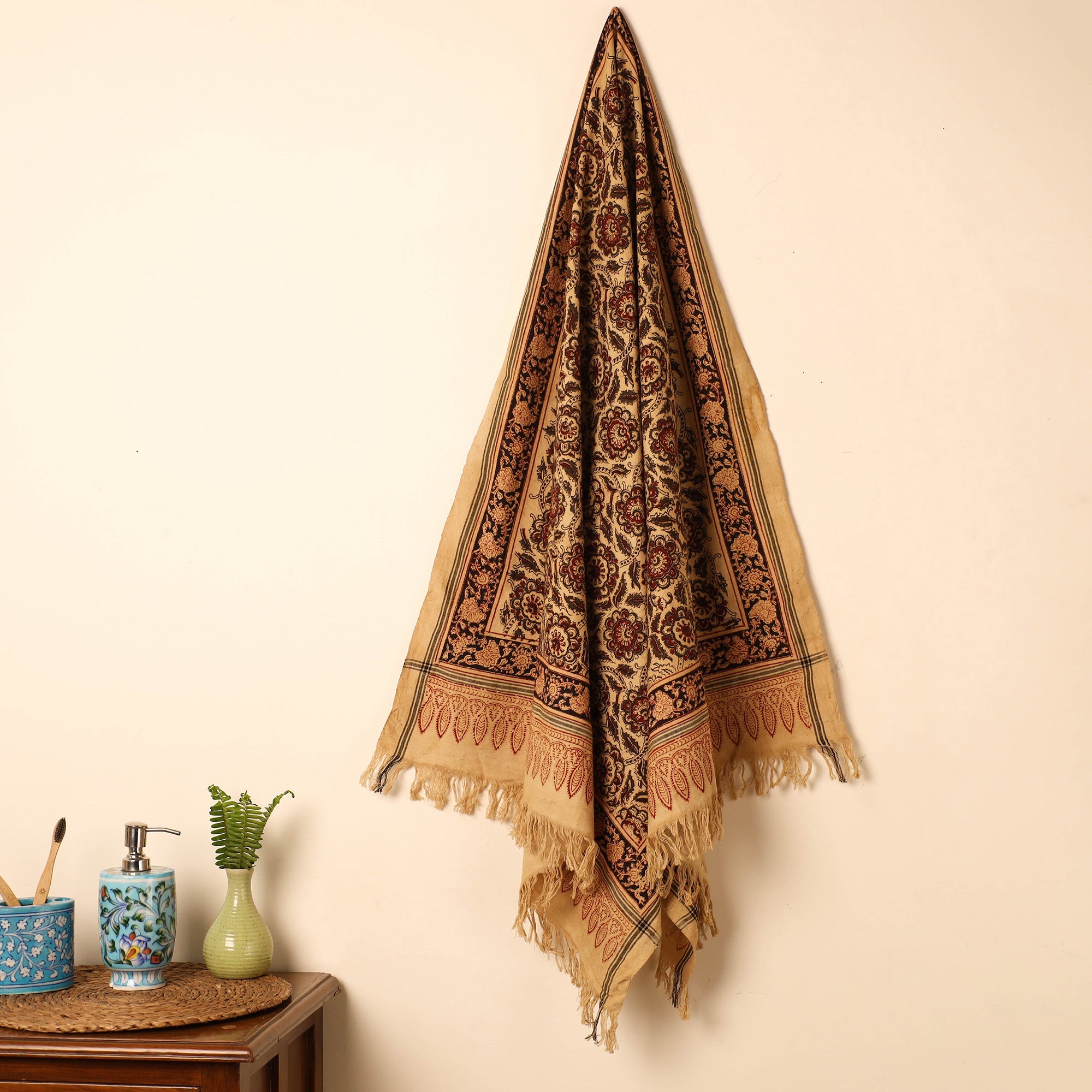 PITCHUKA SRINIVAS KALAMKARI PEDANA Beige - Handloom Cotton Block Printed Pedana Kalamkari Towel 09