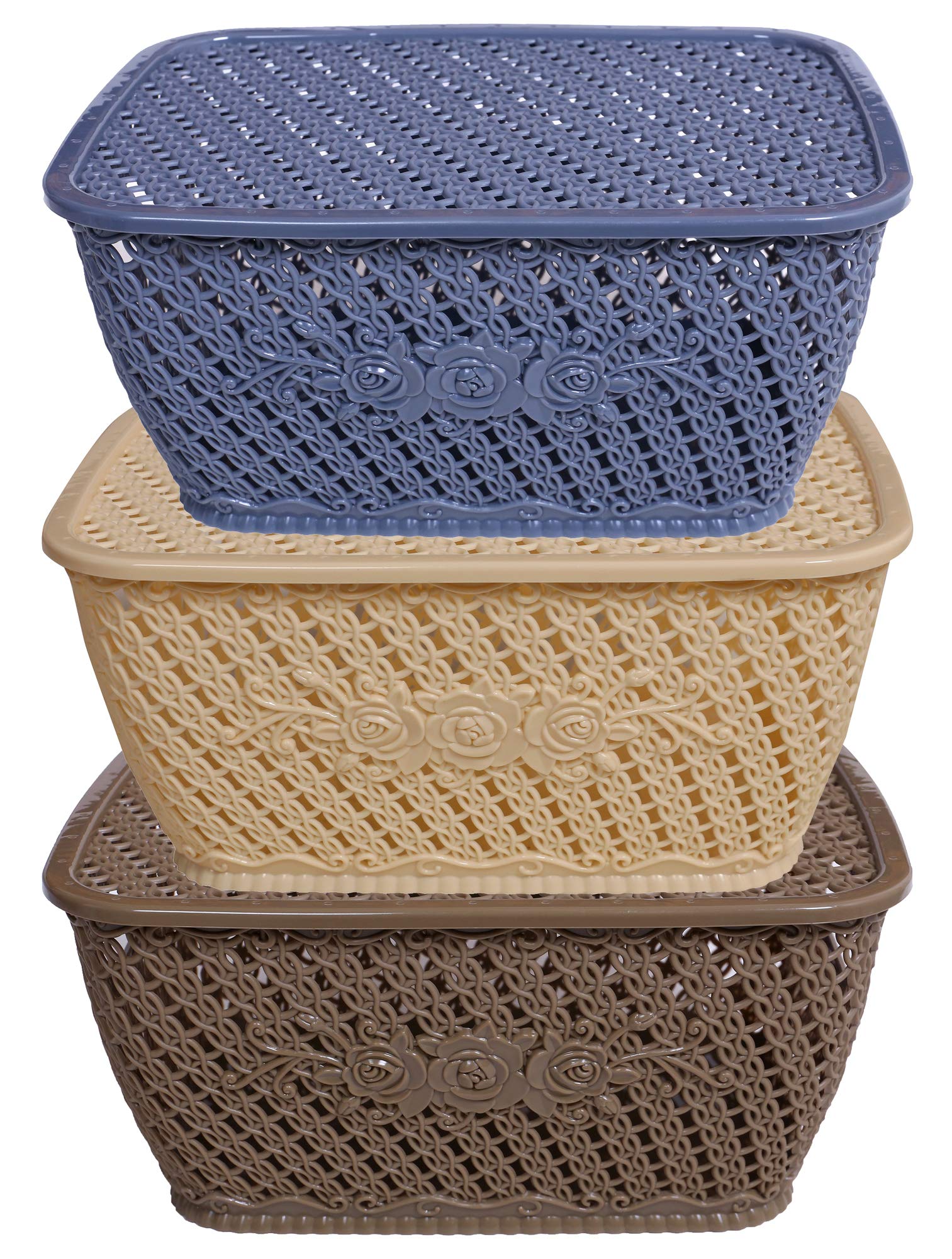 Kuber Industries Plastic 3 Pieces Small Size Multipurpose Solitaire Storage Basket for Kitchen, Office, Bedroom, Bath Room with Lid (Coffee & Grey & C