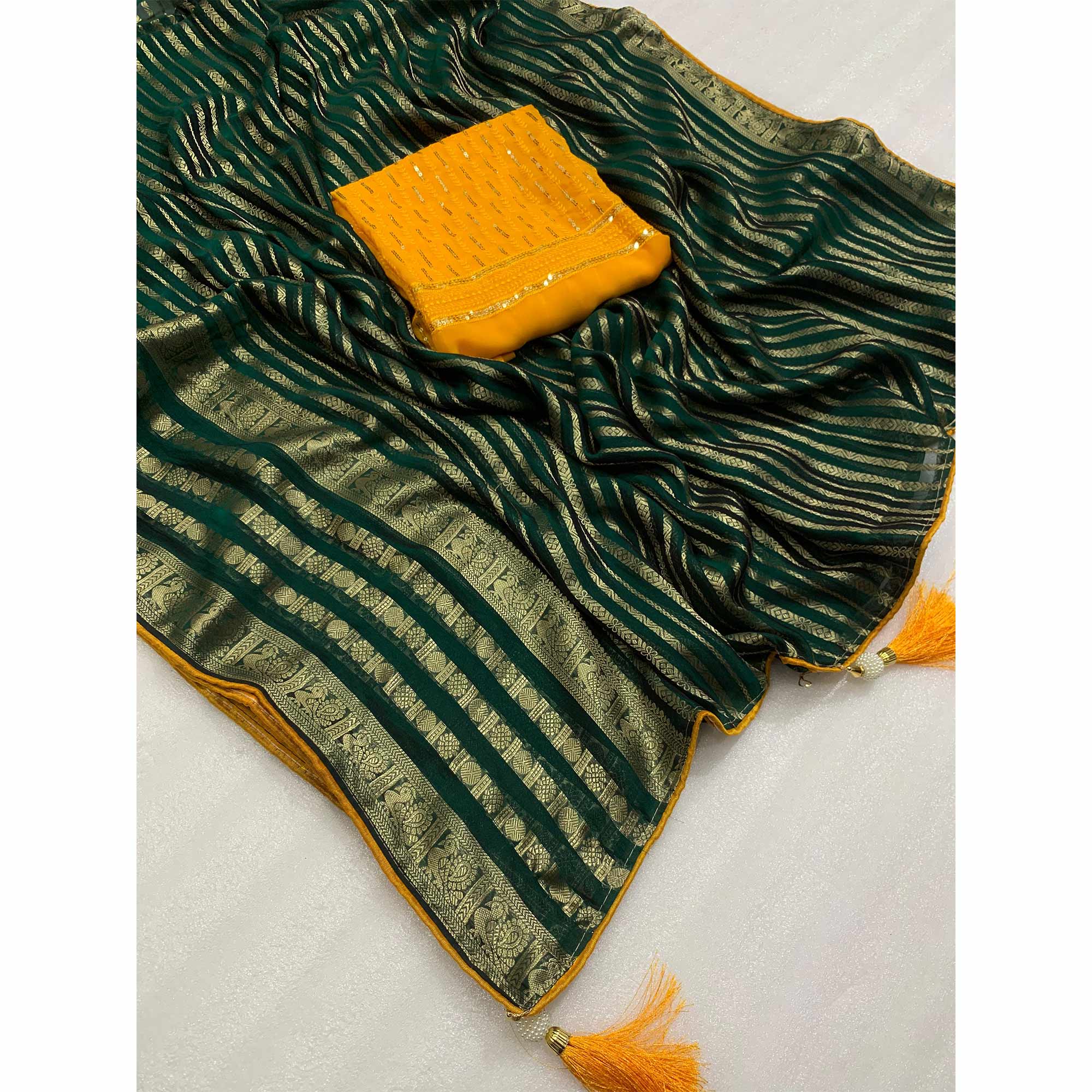 Peachmode Dark Green Zari Work Woven Organza Saree - view 3