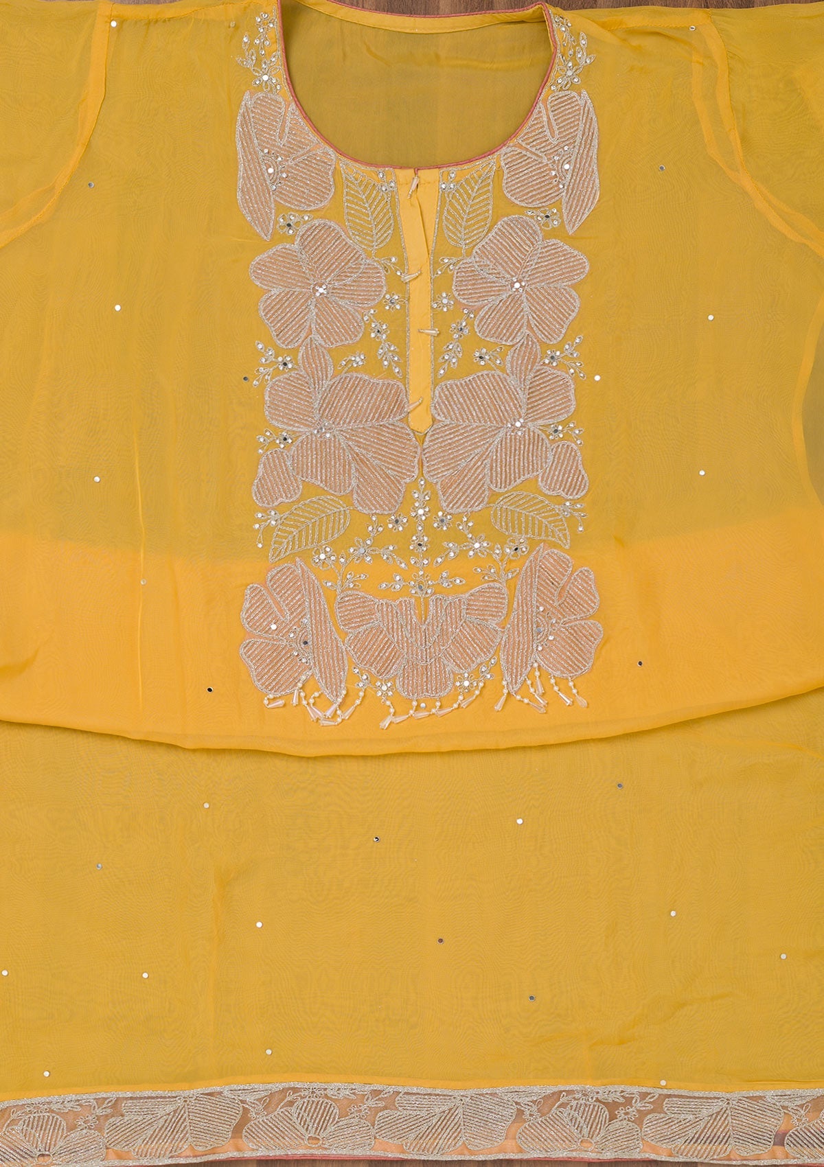 Koskii Mustard Zariwork Semi Crepe Unstitched Salwar Suit - view 4