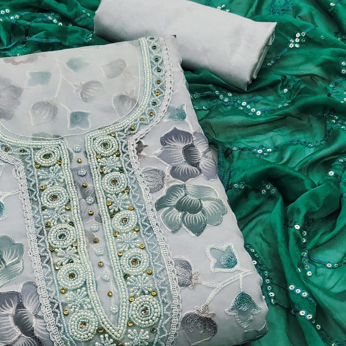 Peachmode Light Grey Hand Embroidery With Digital Printed Organza Dress Material - view 2