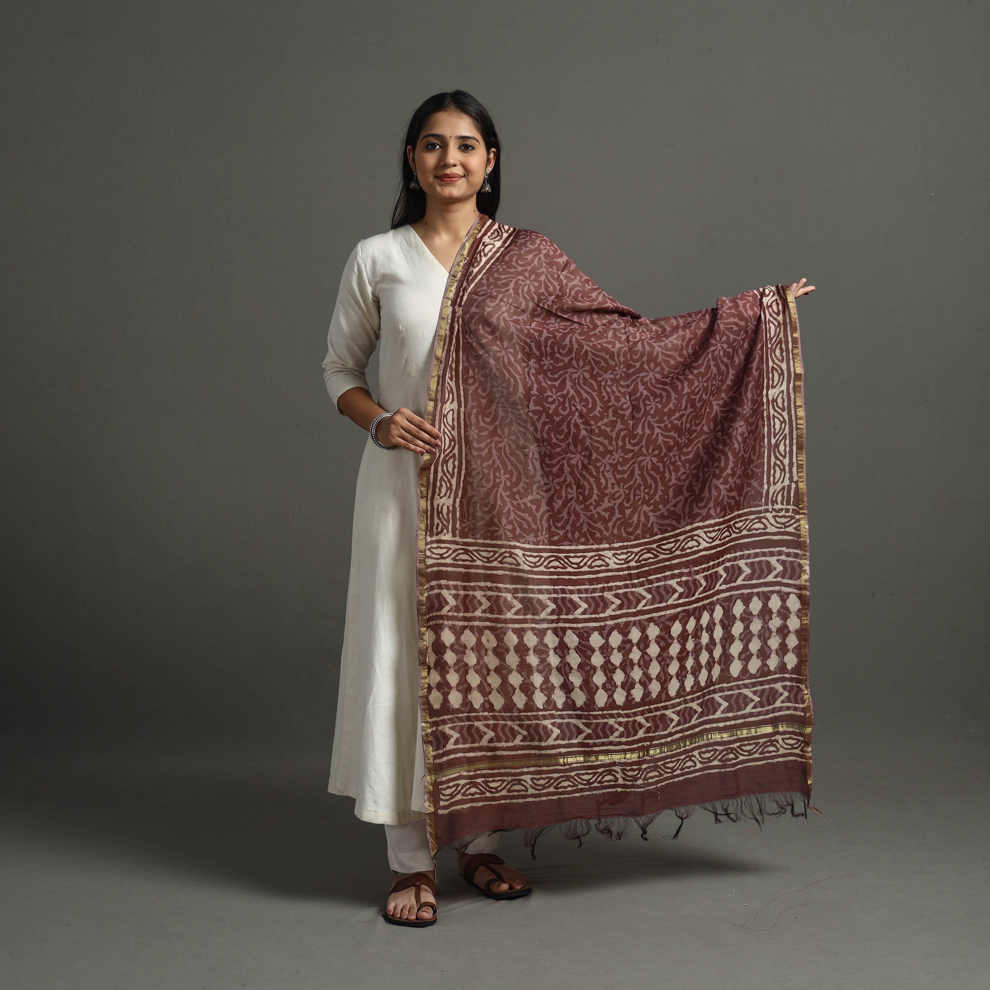 BAGRU DABU PRINTS Brown - Block Printed Chanderi Silk Bagru Dupatta 67