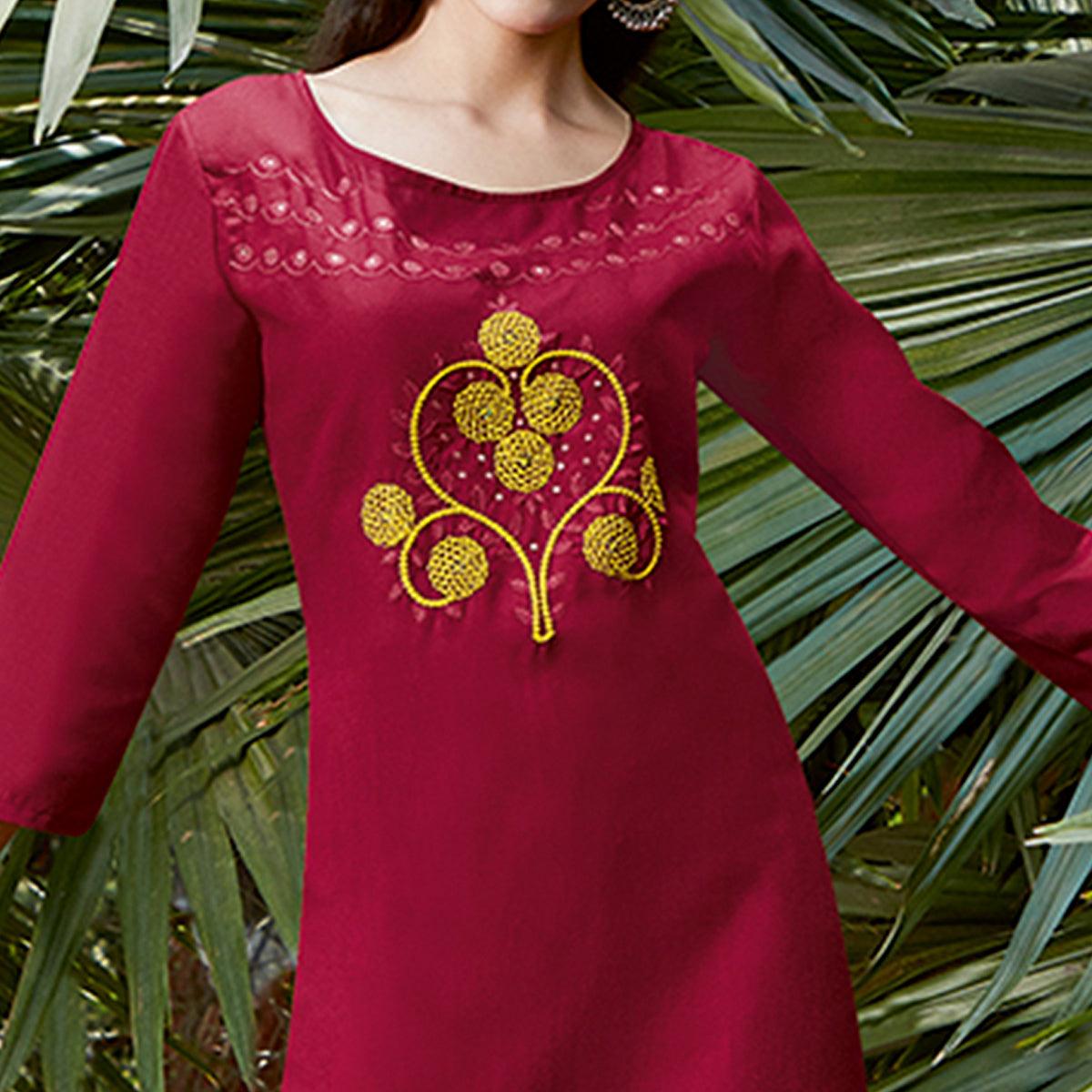 Peachmode Seller Glorious Maroon Colored Casual Wear Embroidered Cotton Sulb Kurti - view 3