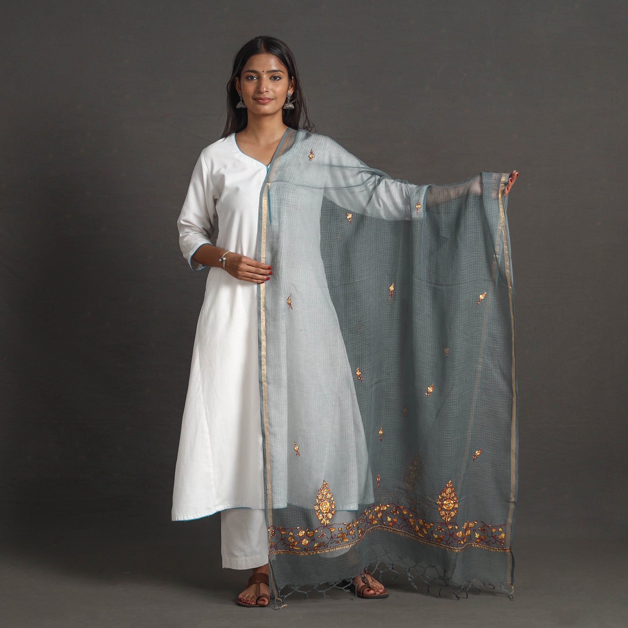 ITOKRI CRAFTS INITIATIVE Kota Doria Silk Cotton Kashida Embroidery Dupatta 36