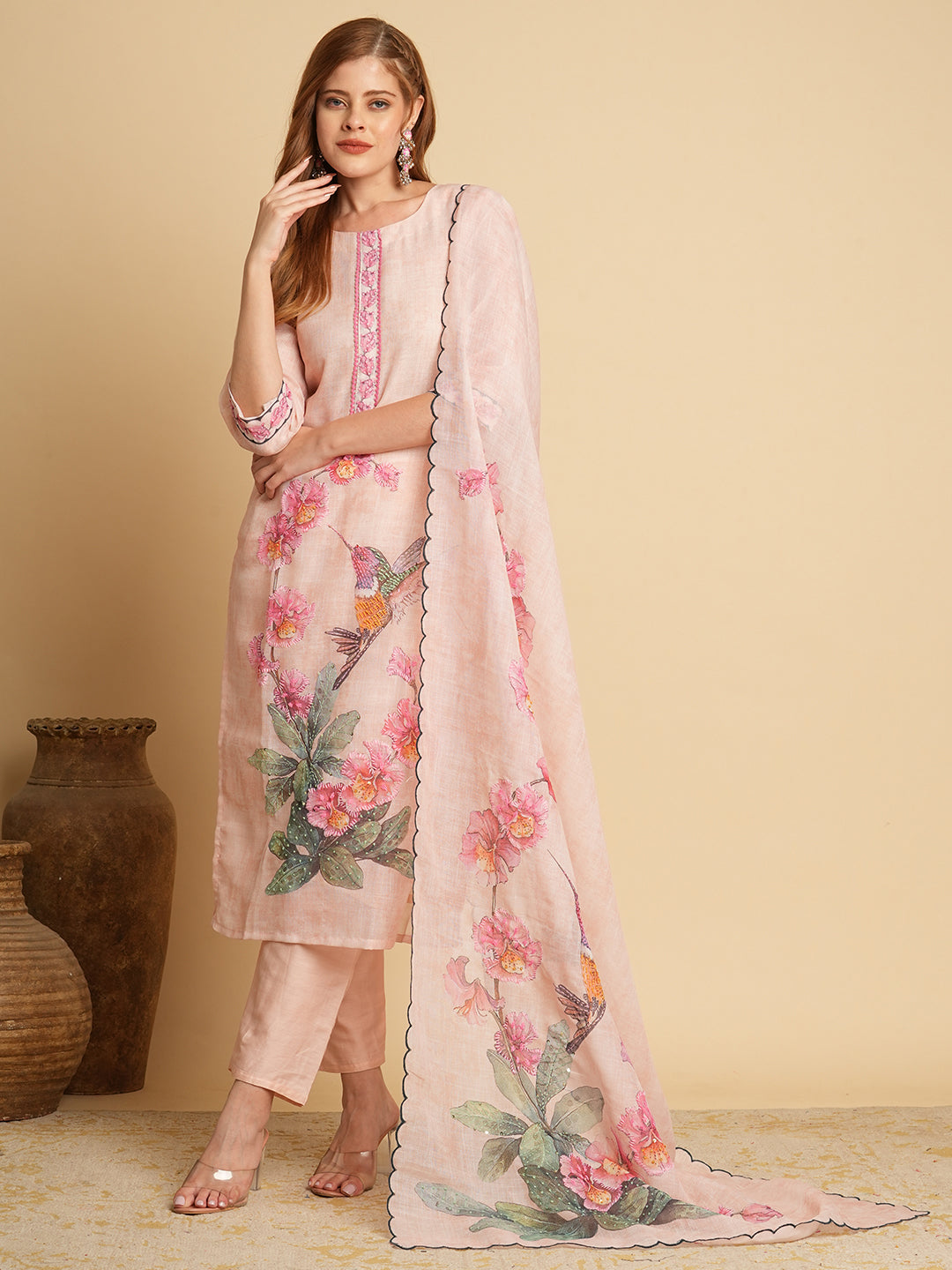 FASHOR Abstract Floral Printed & Embroidered Straight Kurta with Pant & Dupatta - Cream