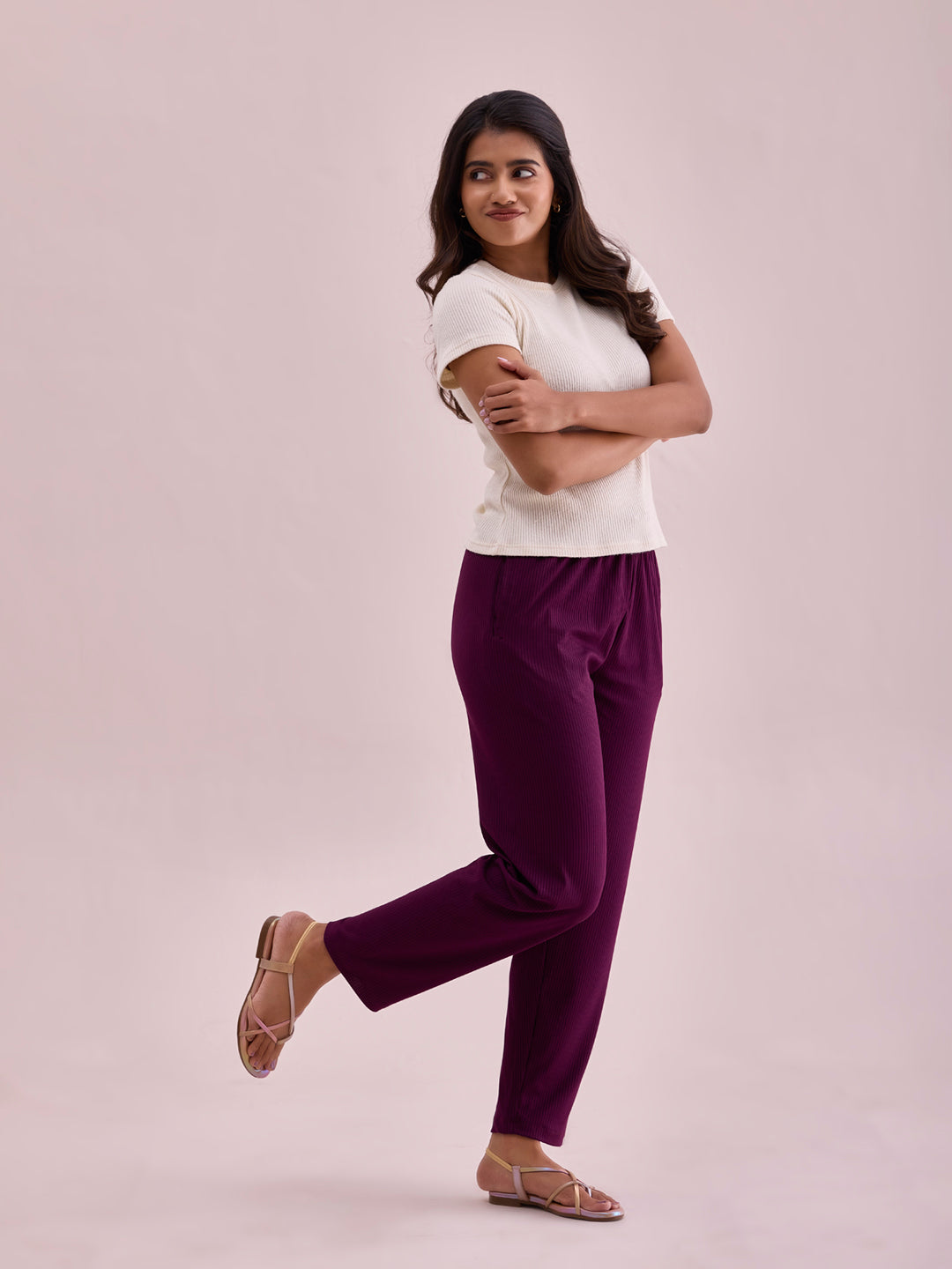 Go Colors Women Solid Dark Wine Mid Rise Casual Rib Pants