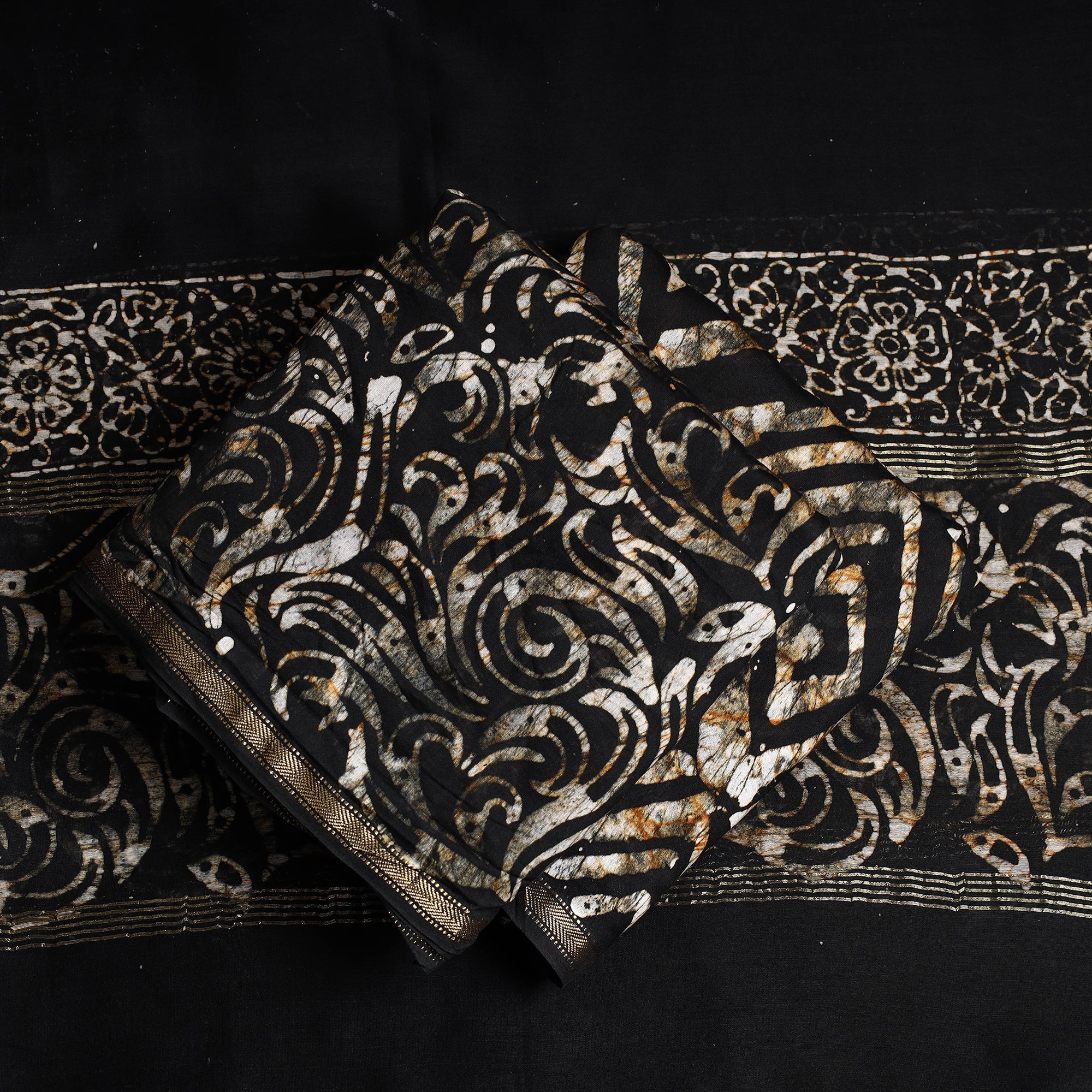 BATIK BY MD. SHARIFF Black - 3pc Hand Batik Printed Chanderi Silk Suit Material Set - view 2