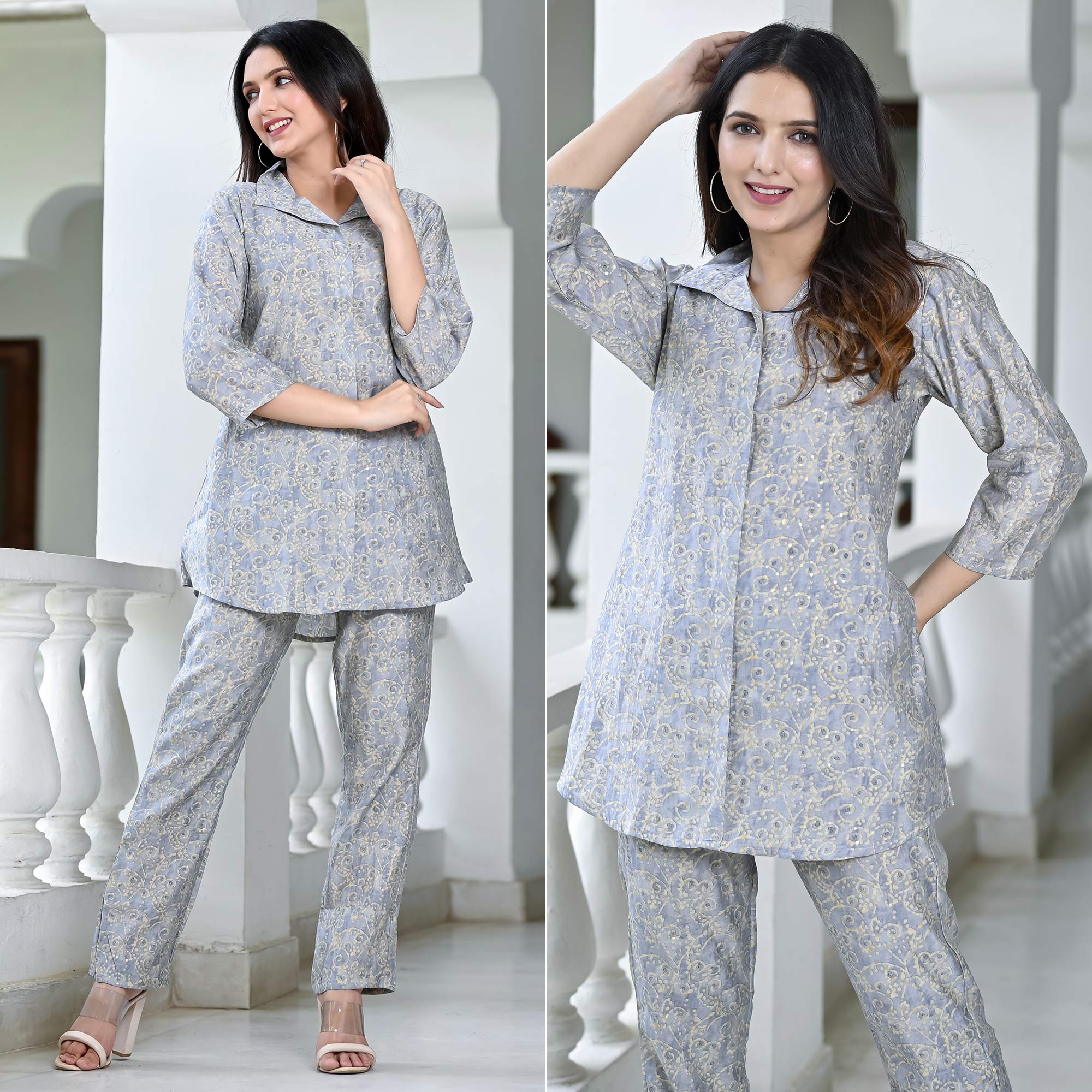 Grey co-ords – BlackTree grey-floral-printed-chanderi-co-ord-set