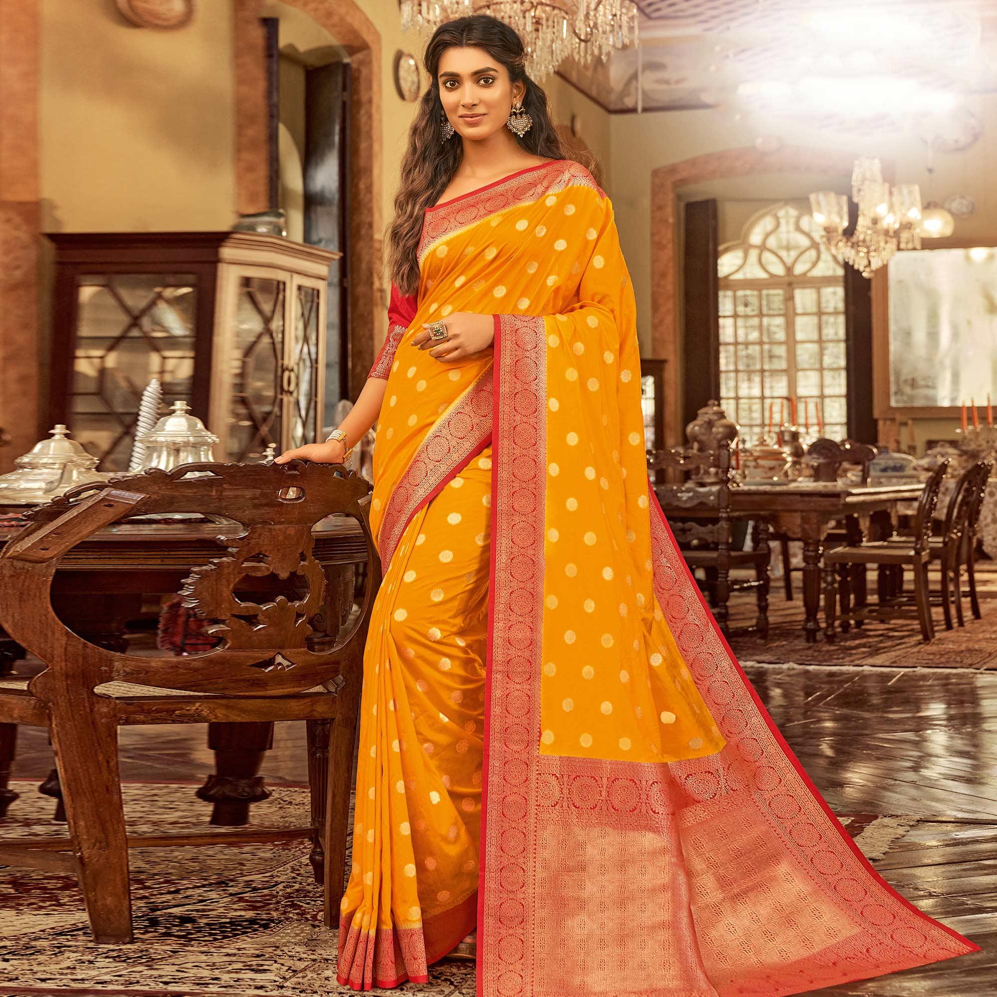 Peachmode Hypnotic Yellow Colored Festive Wear Woven Chanderi Cotton Saree