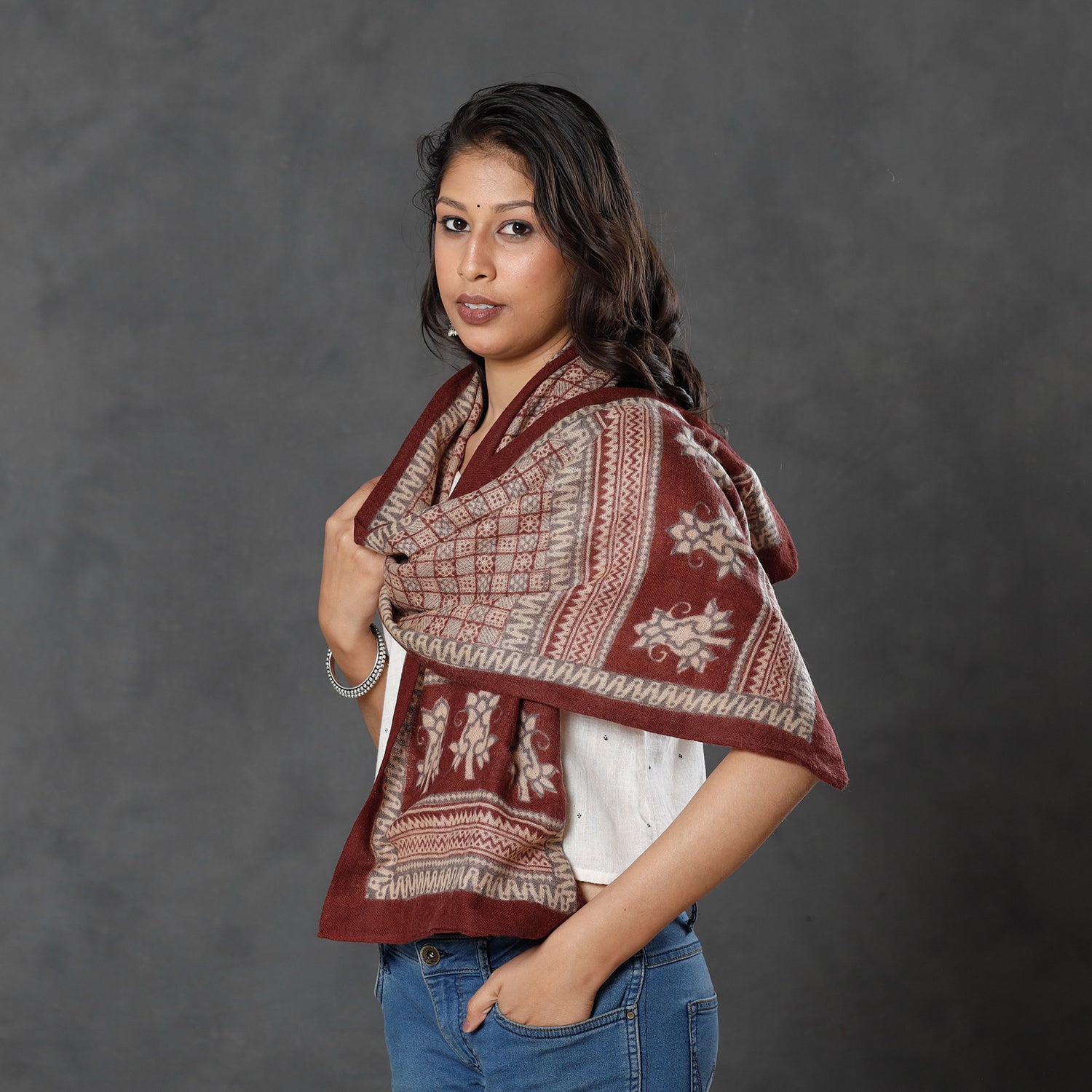 BAGH PRINTS BY MOHAMMED BILAL KHATRI Brown - Bagh Block Printed Natural Dyed Woolen Muffler (61 in) - view 3