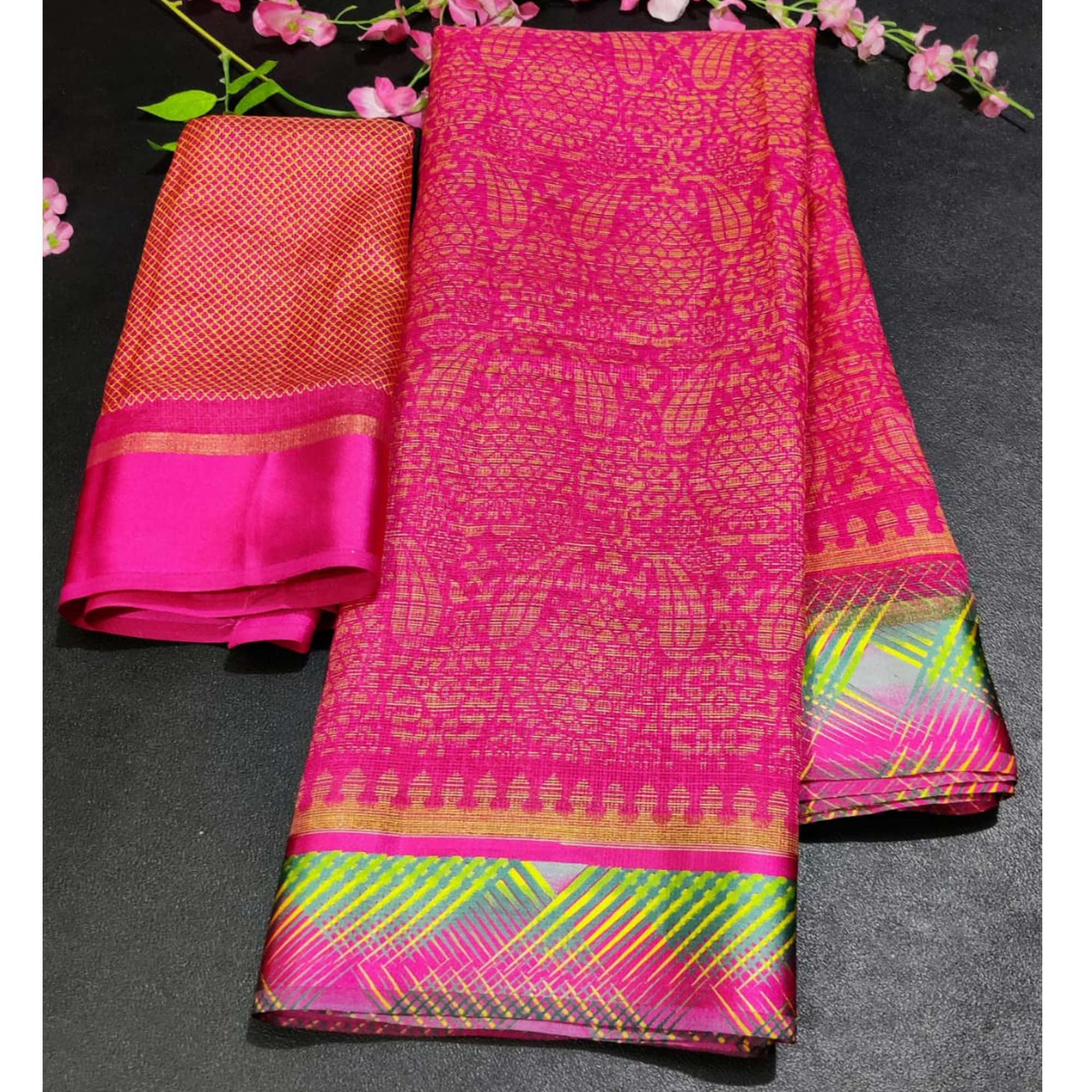 Peachmode Eye-Catching Pink Colored Casual Wear Printed Silk Saree - view 2