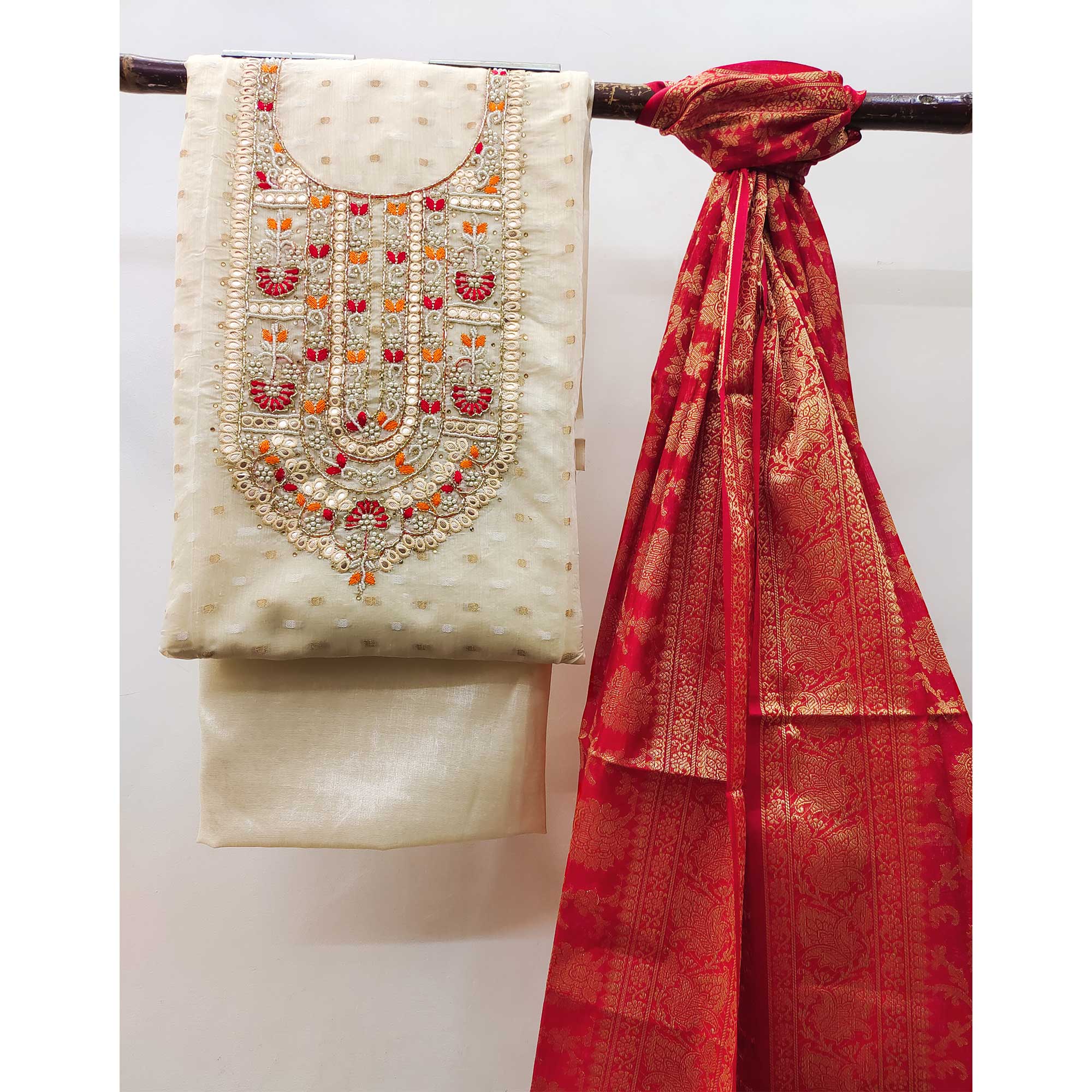 Peachmode Cream Woven With Handwork Banarasi Silk Dress Material - view 4