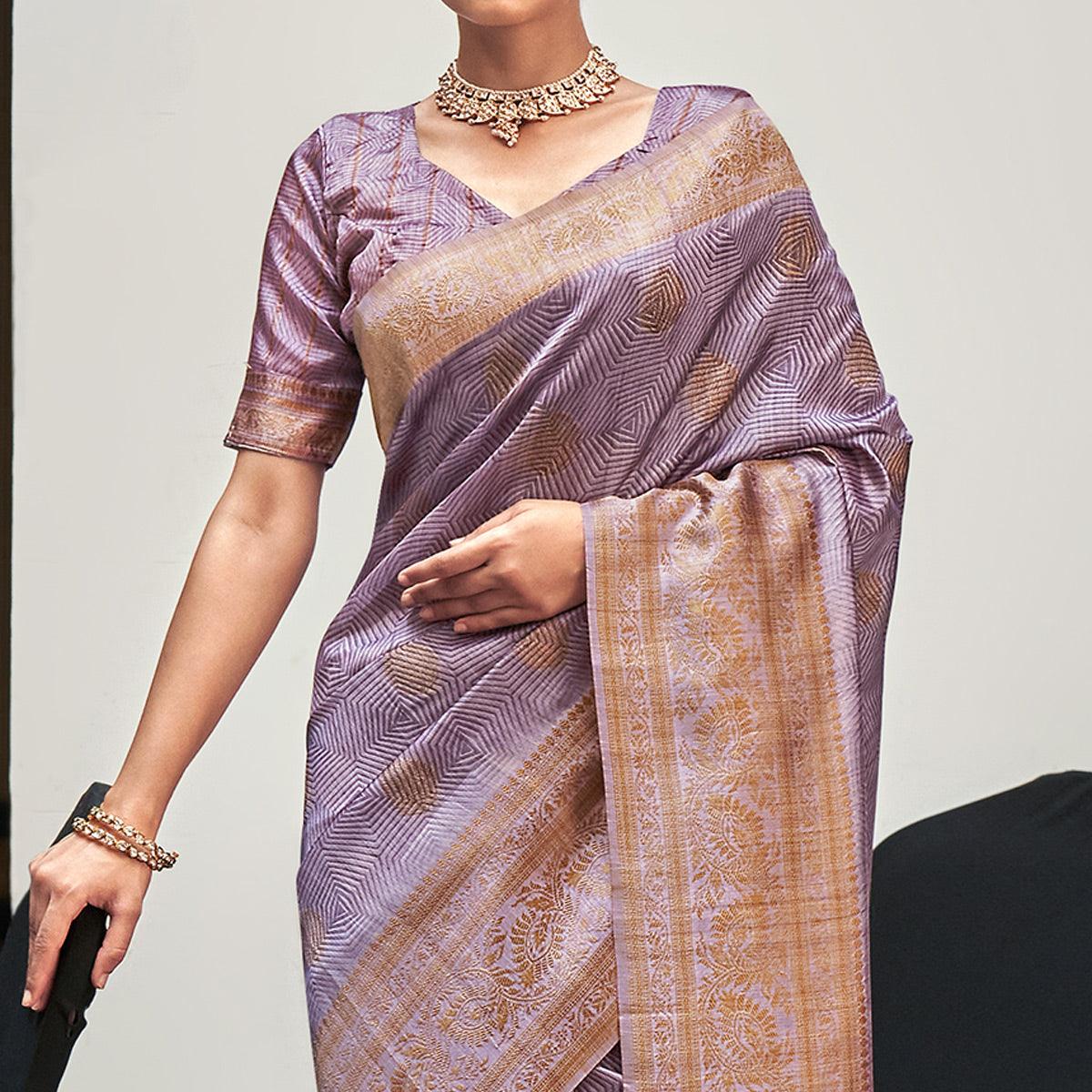 Peachmode Light Lavender Digital Printed With Woven Border Art Silk Saree - view 2