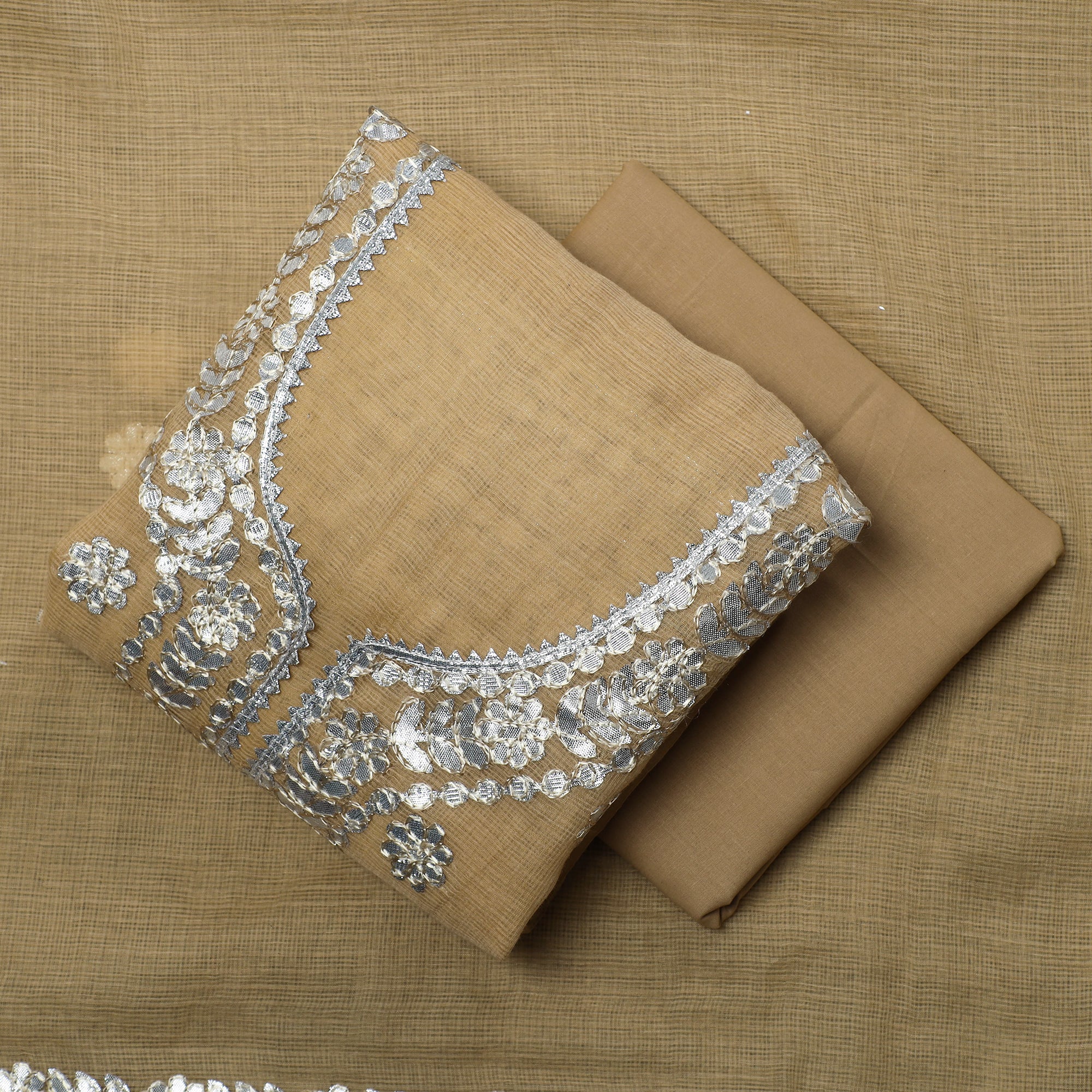 ITOKRI CRAFTS INITIATIVE Brown - 3pc Kota Doria Cotton Gota Patti Work Suit Material Set 01 - view 2