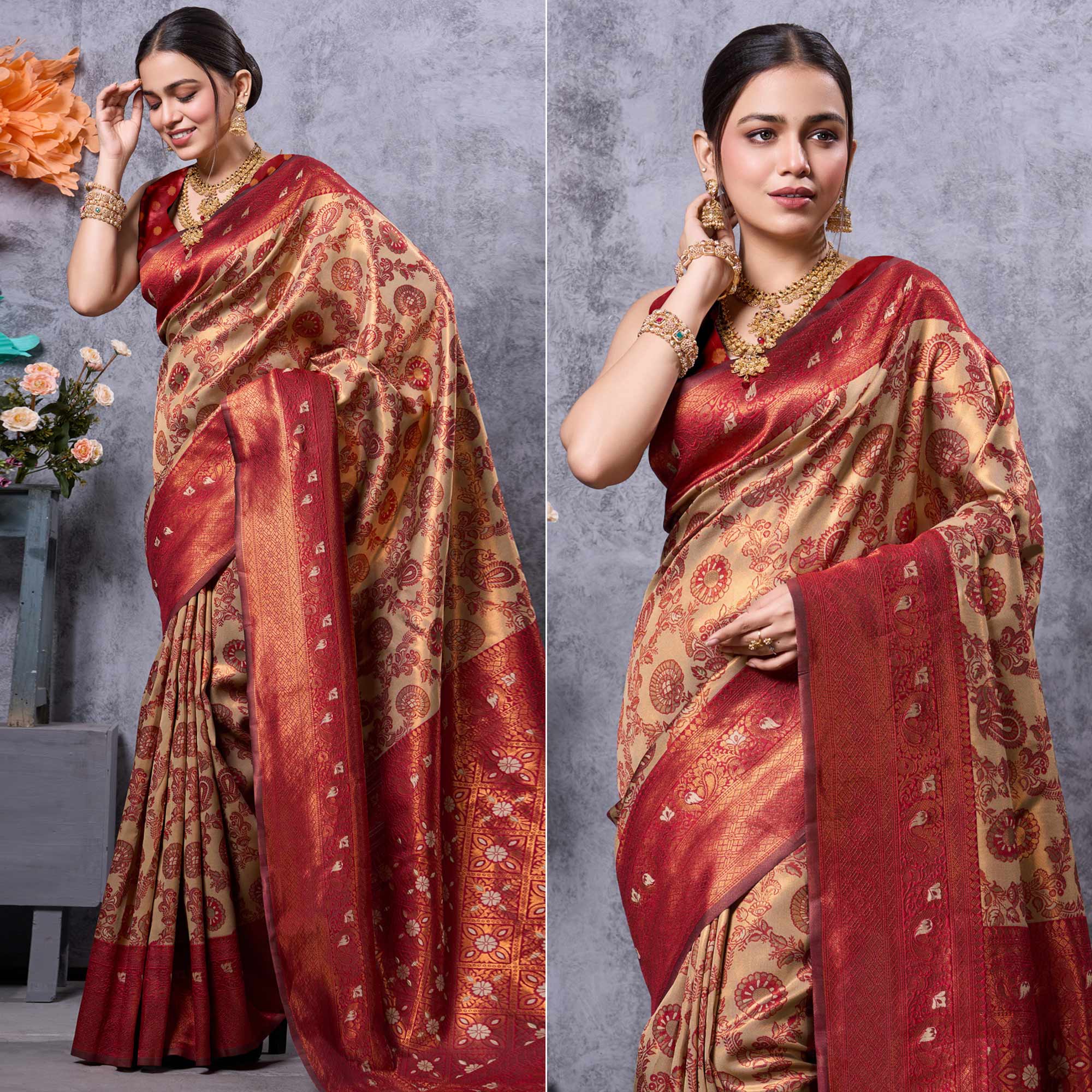 Peachmode Cream Woven Kanjivaram Silk Saree – Women's