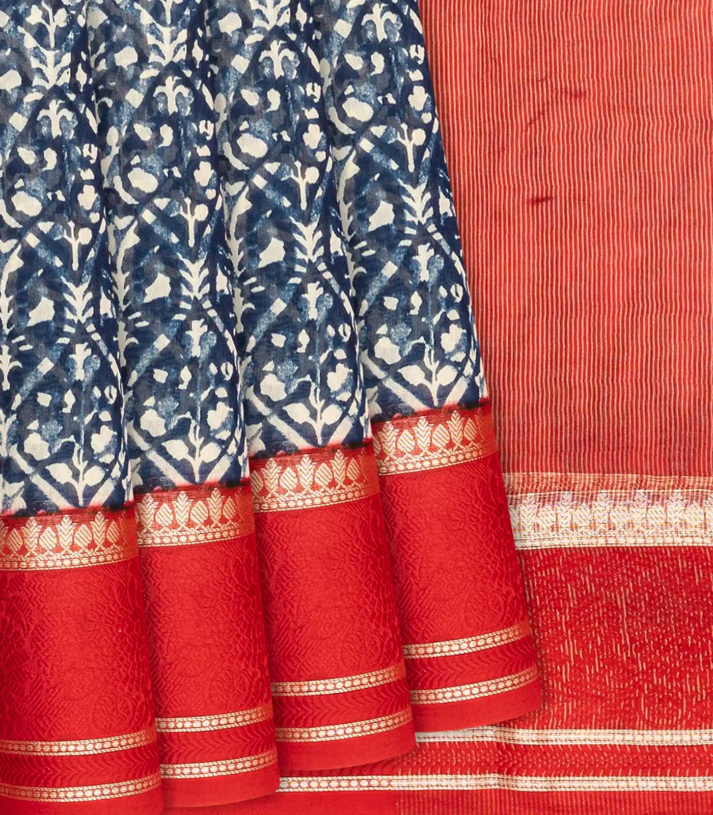RmKV Blue Chanderi Cotton Saree With Printed Jaal & Contrast Border-Blue