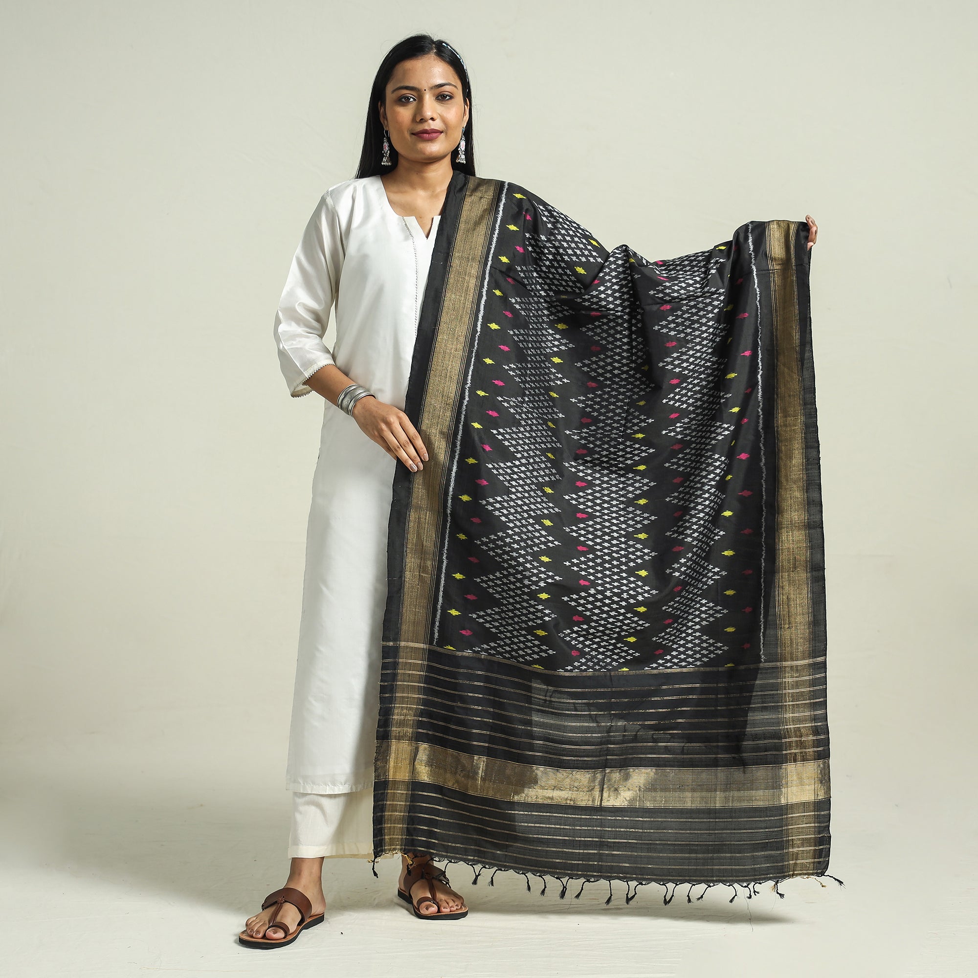 IKAT WEAVES BY EDEM CHANDANA Black - Handwoven Pochampally Ikat Pure Mulberry Silk Dupatta with Tassels