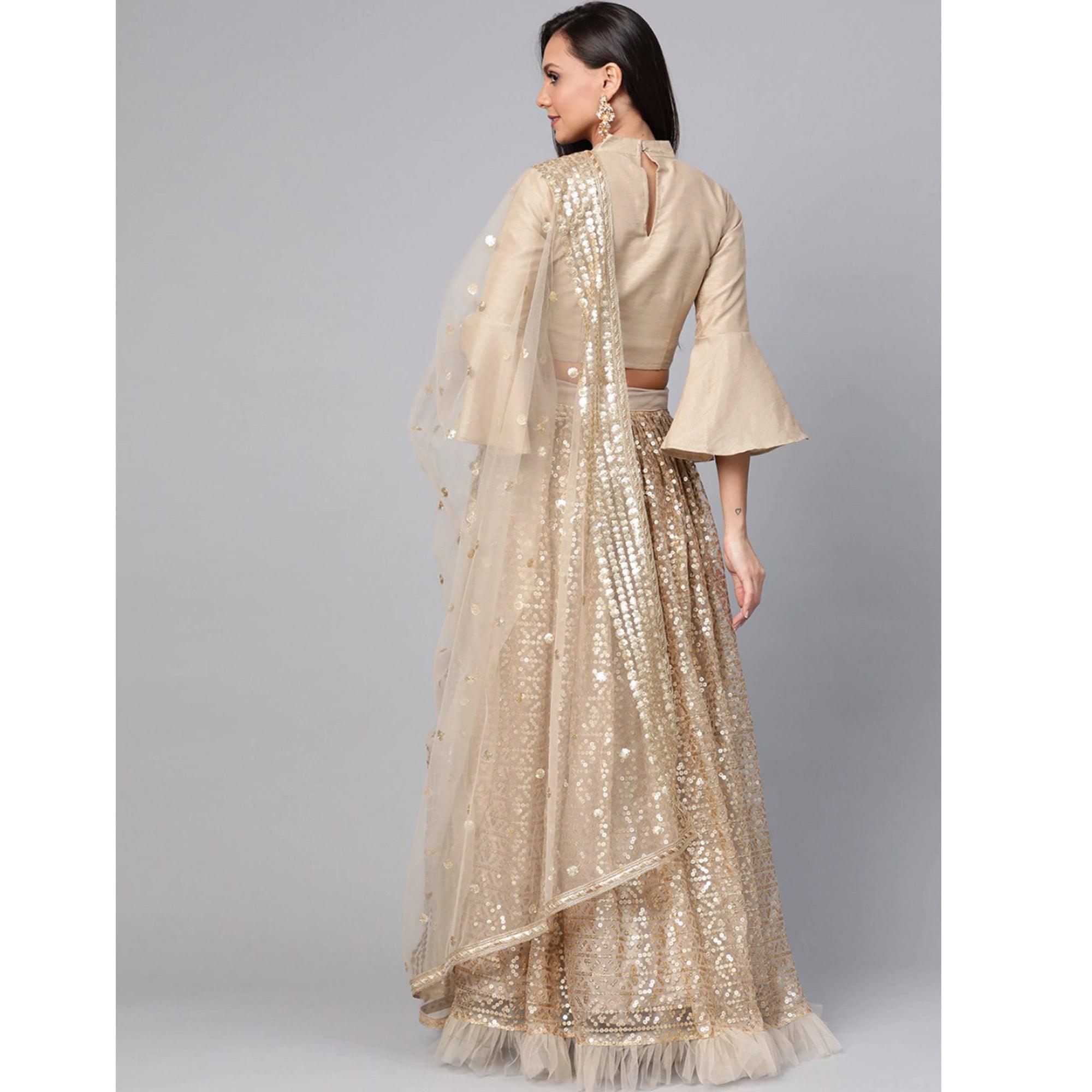 Peachmode Light Grey Designer Wedding Wear Thread Zari Work Soft Net Lehenga Choli - view 4